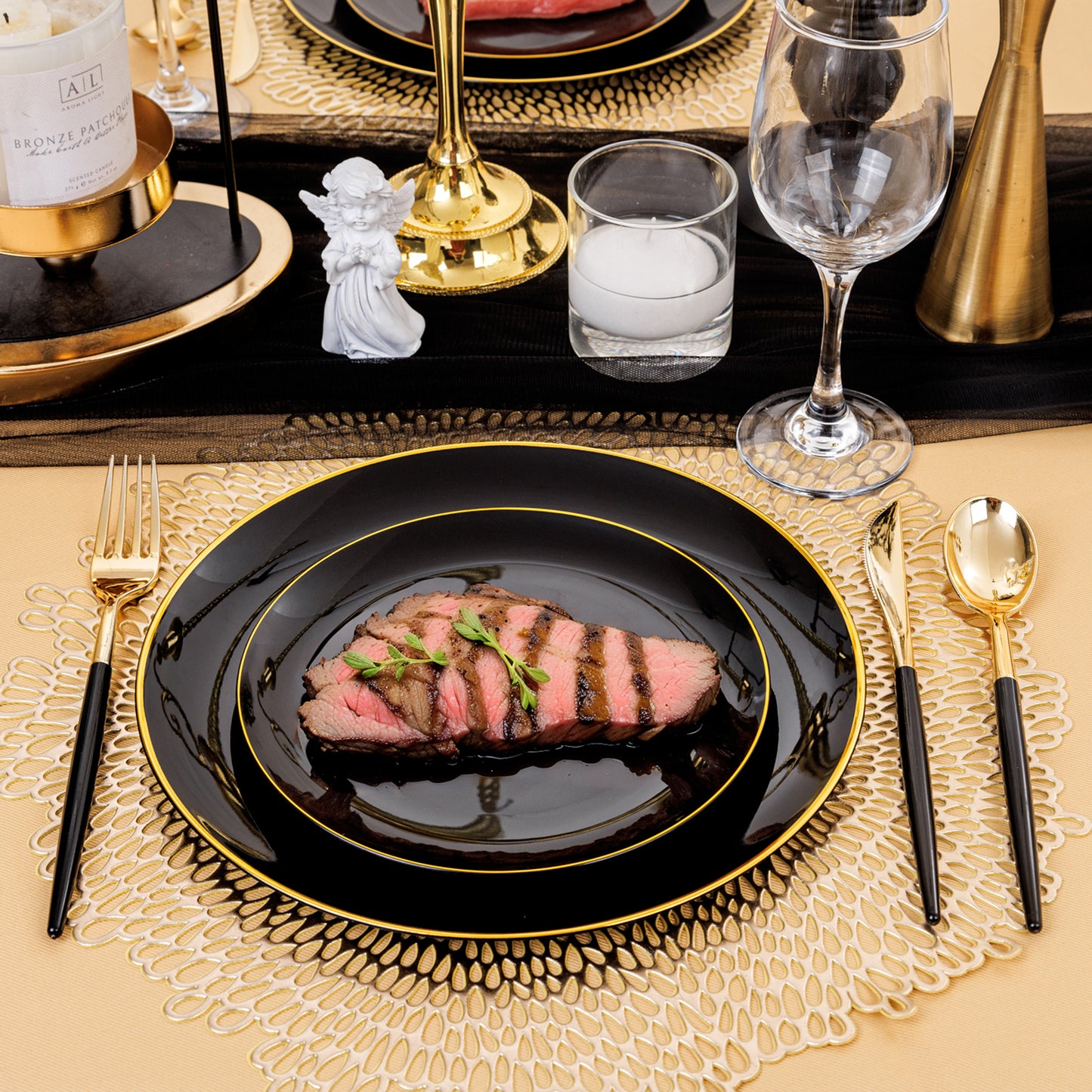 150pcs Black Plastic Plates, Black and Gold Plastic Plates,Gold Plastic Silverware,Black and Gold Dinnerware Set,Premiun Plastic Taleware,Perfect for Birthday,Party,Wedding,Anniversary