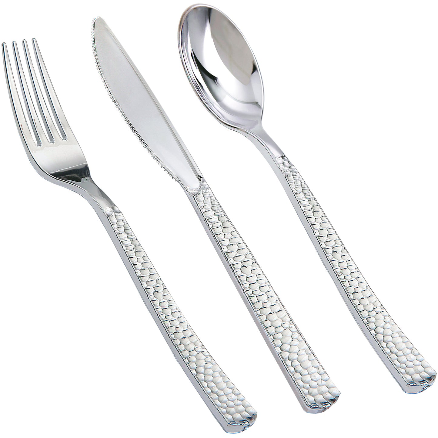 360pcs Silver Plastic Cutlery,Elegant Plastic Silverware,Silver Hammed Silverware,Disposable Plastic Flatware,Include 120 Forks,120 Knvies,120 Spoons,Perfect for Birthday,Party,Wedding