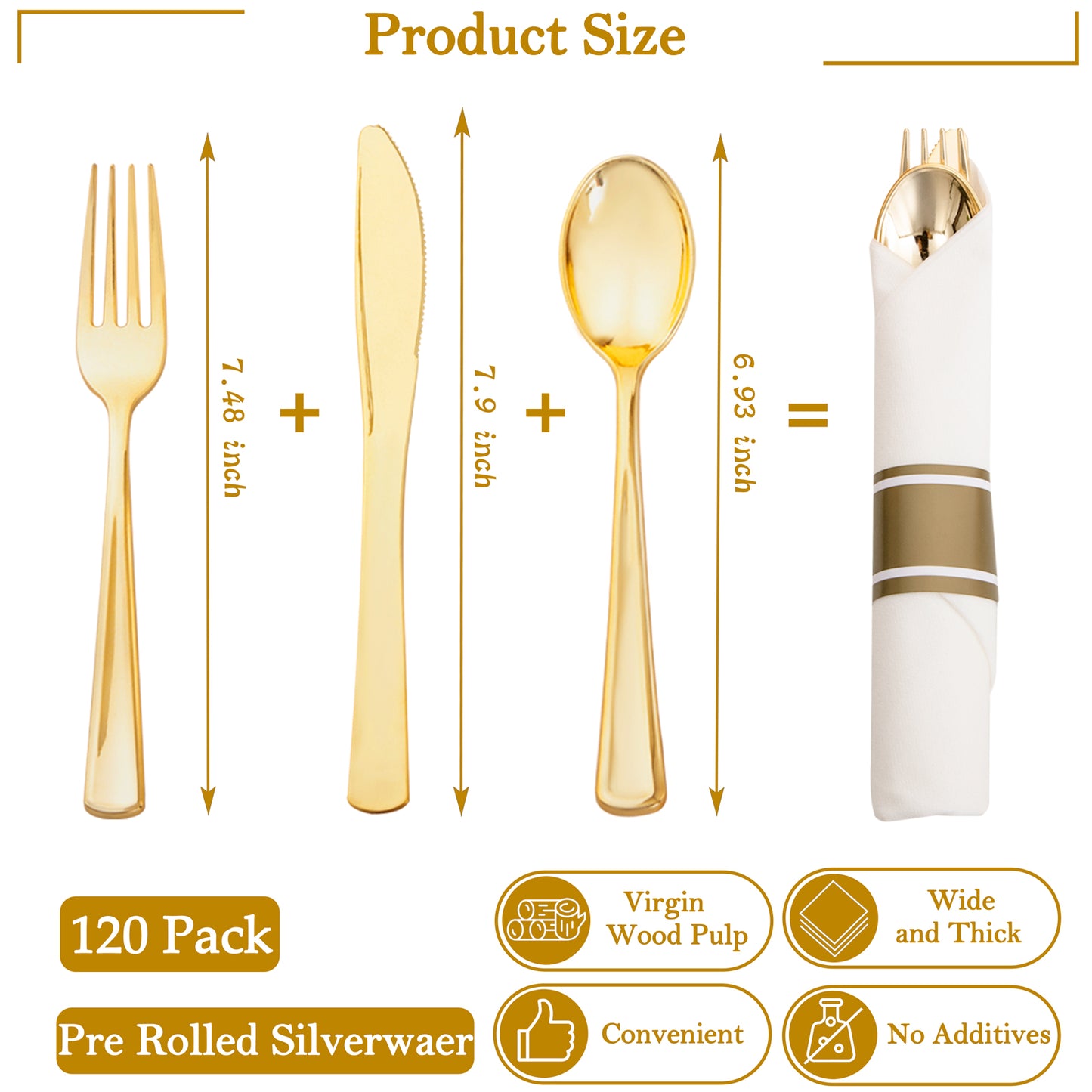 120 Pack Gold Plastic Silverware,Wrapped Plastic Cutlery Set with Napkin,Gold Silverware Disposable,Pre Rolled Napkins with Plastic Cutlery Set,Rolled Silverware Disposable,Wrapped Silverware