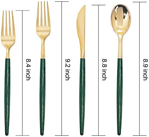 180pcs Gold Plastic Silverware,Green Plastic Cutlery,Gold Cutlery Plastic with Green Glitter Handle,Include 45 Knives,45 Dinner Forks,45 Dessert Forks,45 Spoons,Suit for Party,Birthday