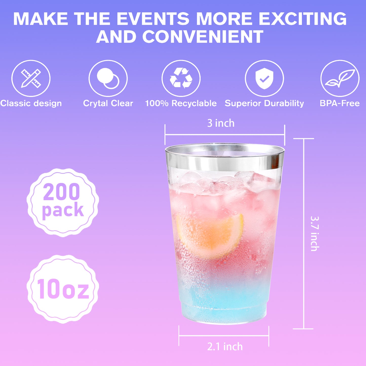 200pcs 10oz Silver Plastic Cups,Disposable Plastic Cups,Silver Rimmed Plastic Cups for Wedding, Halloween,Thanksgiving Day, Christmas Party Cocktails Tumblers