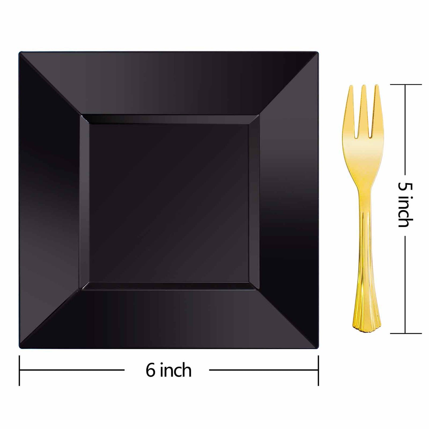 100pcs Black Square Plastic Dessert Plates with 100pcs Gold Dessert Forks,Black Appetizer Salad Square Plates,Elegant Square Black Salad Plates,Square Cake Plates for Party,Afternoon Tea
