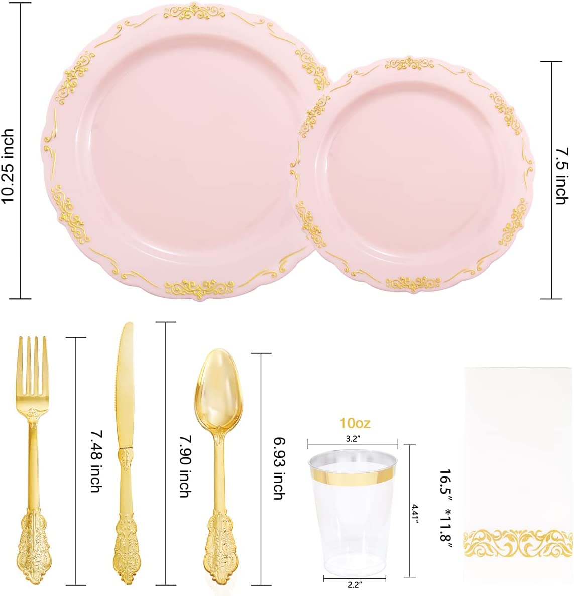 210 Pink Gold Plastic Plates & Gold Plastic Silverware,Gold Plastic Cups,Dessert/Salad Plate with Gold Rim,Gold Cutlery,Gold Napkins,Suit for Mothers Day, Bridal Shower, Wedding,Party