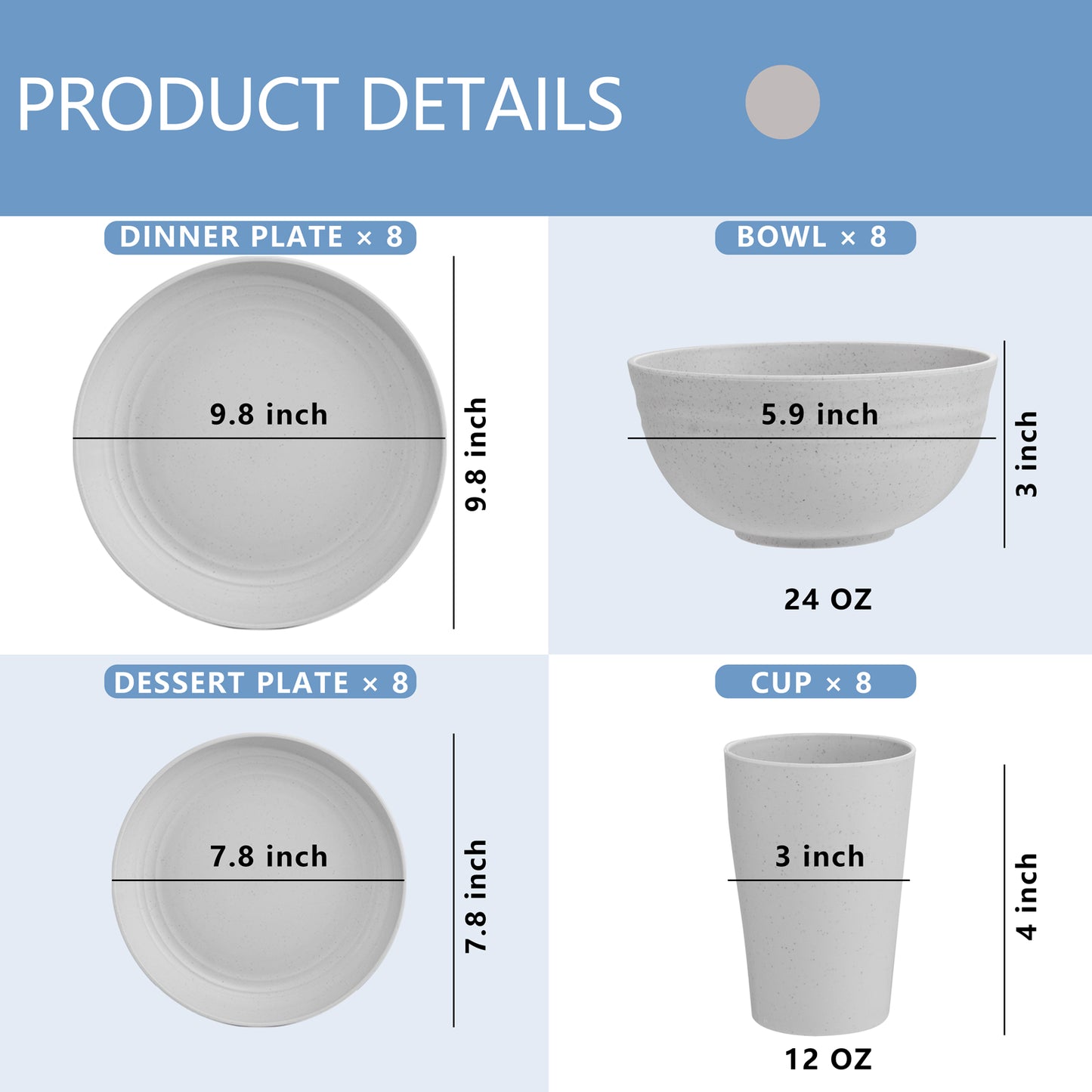 32pcs Wheat Straw Dinnerware Sets,Dinnerware Sets for 8,Plates and Bowls Sets,Reusable Tableware,Grey Dish Set 16pcs Plates, 8pcs Bowls, 8pcs Cups,Microwave Dishwasher Safe.