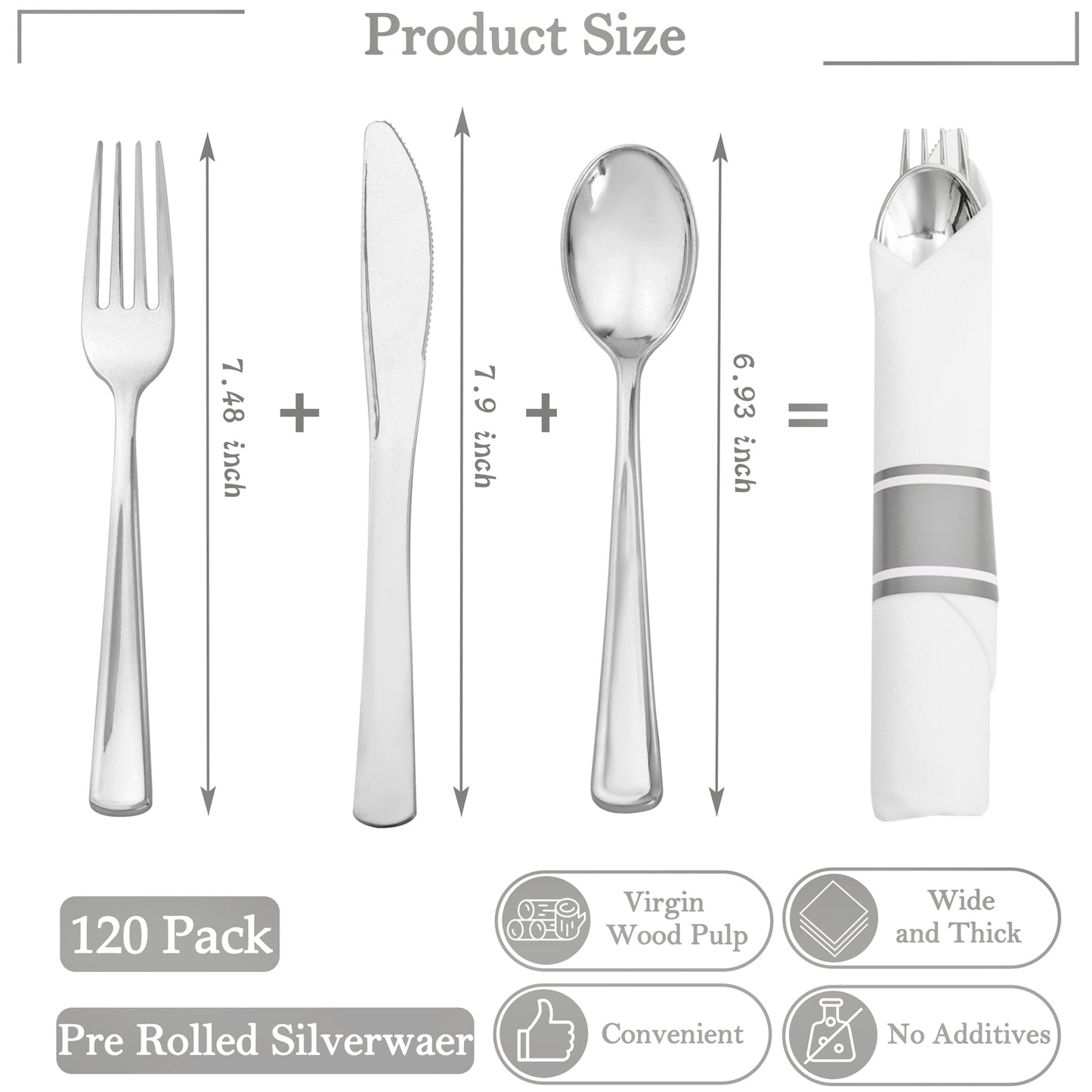 30 Pack Silver Plastic Silverware,Rolled Plastic Silverware,Pre Rolled Napkins with Plastic Cutlery Set,Wrapped Plastic Cutlery Set with Napkin,Silver Plastic Forks,Disposable Dinnerware Set