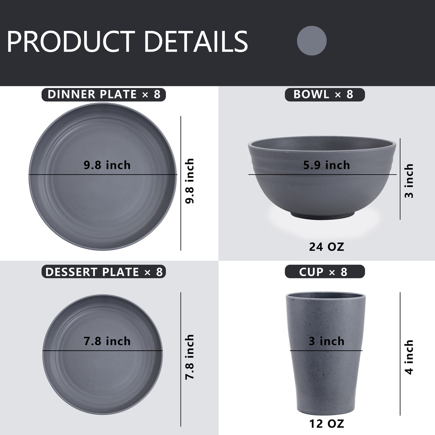 32pcs Wheat Straw Dinnerware Sets,Unbreakable Dinnerware Sets for 8,Reusable Tableware,Straw Tableware,Dark Grey Set 16pcs Plates, 8pcs Bowls, 8pcs Cups