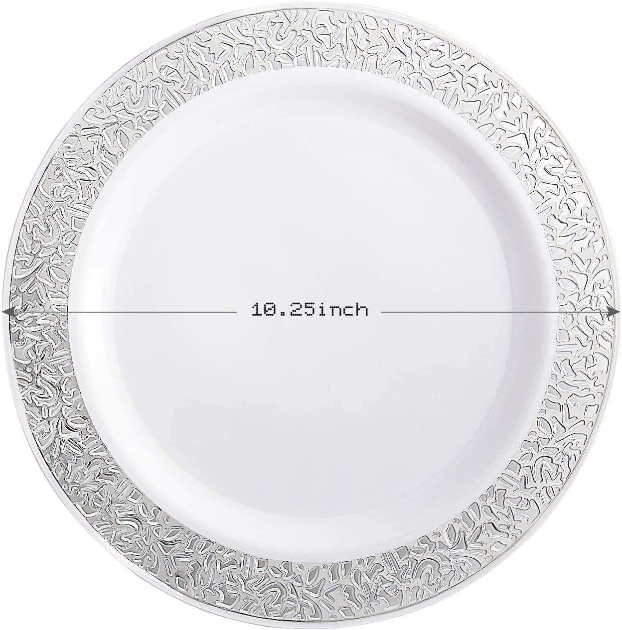 100pcs Plastic Silver Plates, 10.25" Big Party Dinner Plates, White Plastic Plates with Silver Rim,Silver Plastic Plates for Party or Wedding, Silver Lace Plates