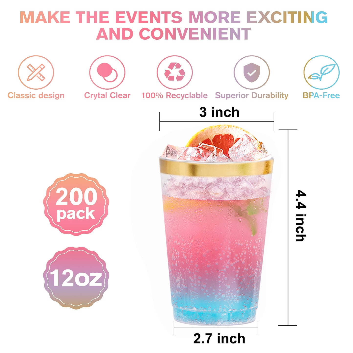200pcs Gold Plastic Cups,12oz Party Cups,Clear Plastic Cups Tumblers,Elegant Gold Rimmed Plastic Cups,Disposable Cups for Wedding,Parties,Wine,Beer