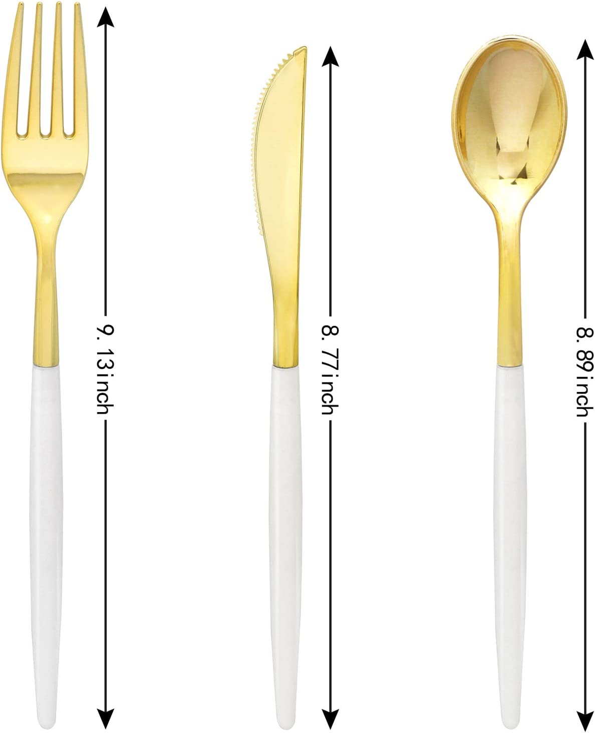 102pcs Gold Plastic Cutlery, Durable Plastic silverware,Disposable Cutlerty with White Handle,Include 34 Forks,34 Knvies,34 Spoons, Suit for Wedding,Birthday,Party