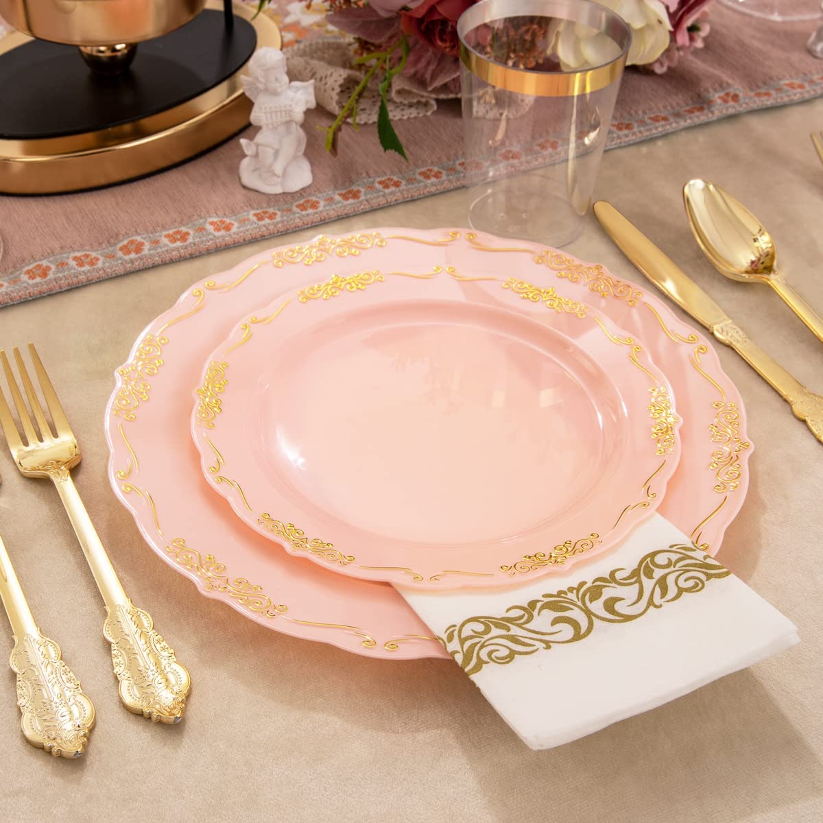 210 Pink Gold Plastic Plates & Gold Plastic Silverware,Gold Plastic Cups,Dessert/Salad Plate with Gold Rim,Gold Cutlery,Gold Napkins,Suit for Mothers Day, Bridal Shower, Wedding,Party