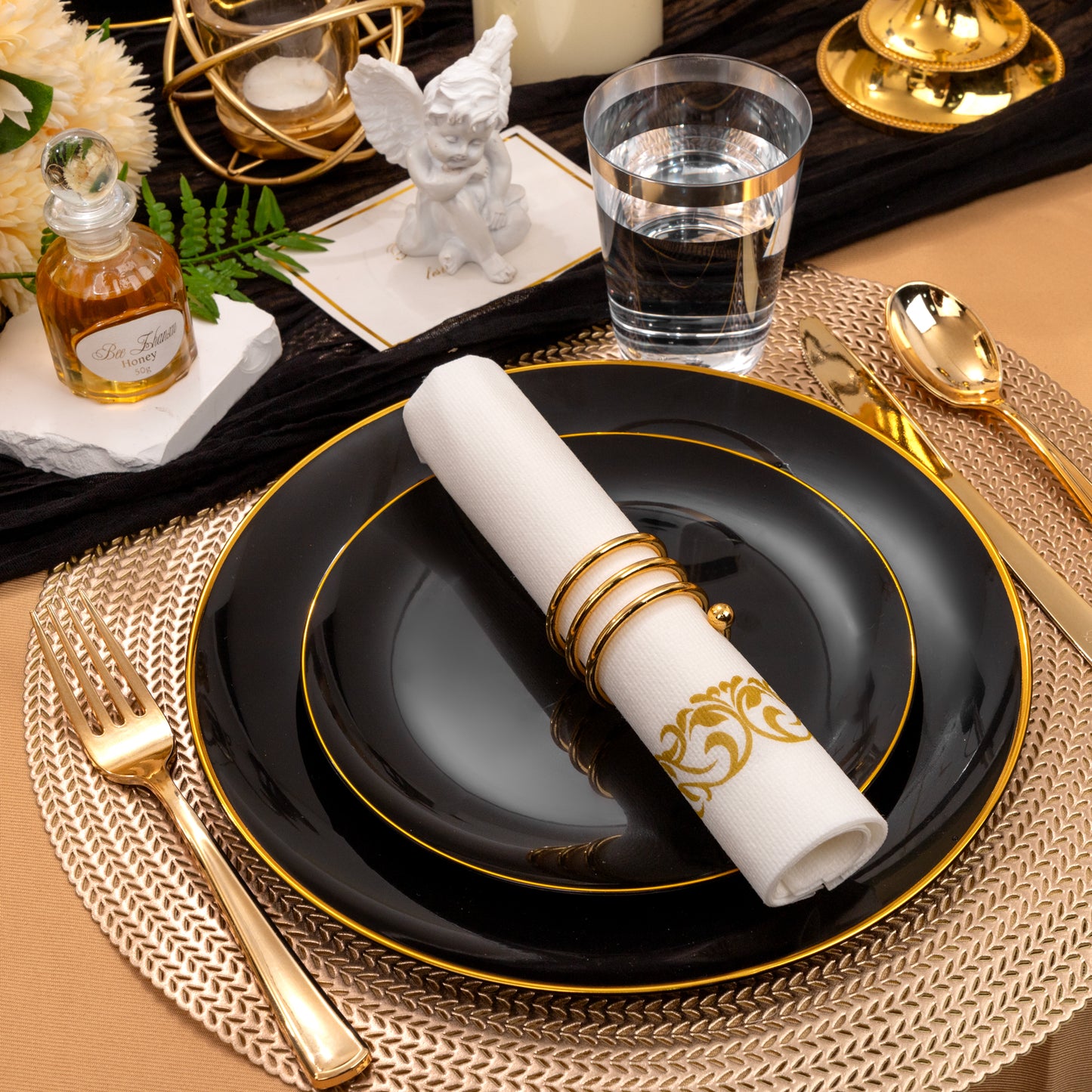 350pcs Black and Gold Plastic Dinnerware Set,Black Plastic Plates with Gold Rim,Black and Gold Plastic Plates,Gold Plastic Silverware,Gold Cups,Great for Birthday,Party,Wedding