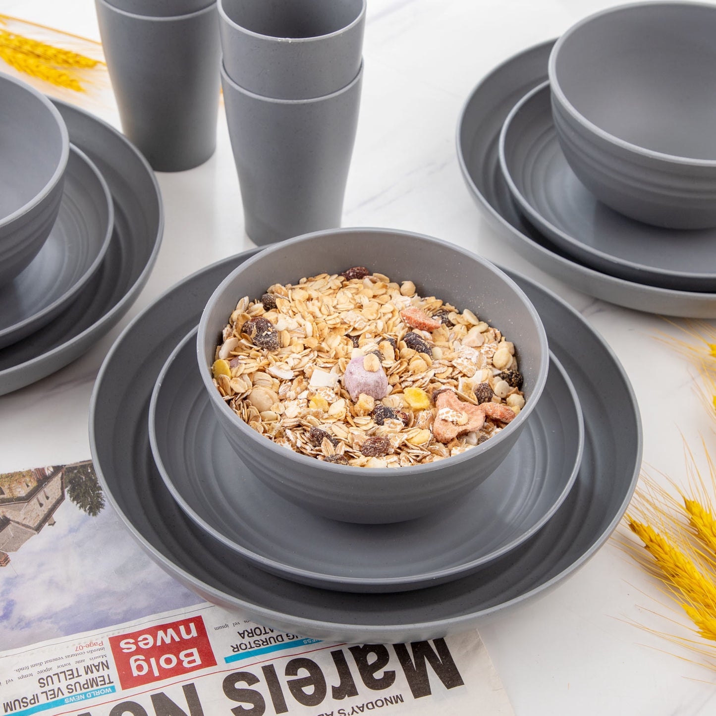 32pcs Wheat Straw Dinnerware Sets,Unbreakable Dinnerware Sets for 8,Reusable Tableware,Straw Tableware,Dark Grey Set 16pcs Plates, 8pcs Bowls, 8pcs Cups