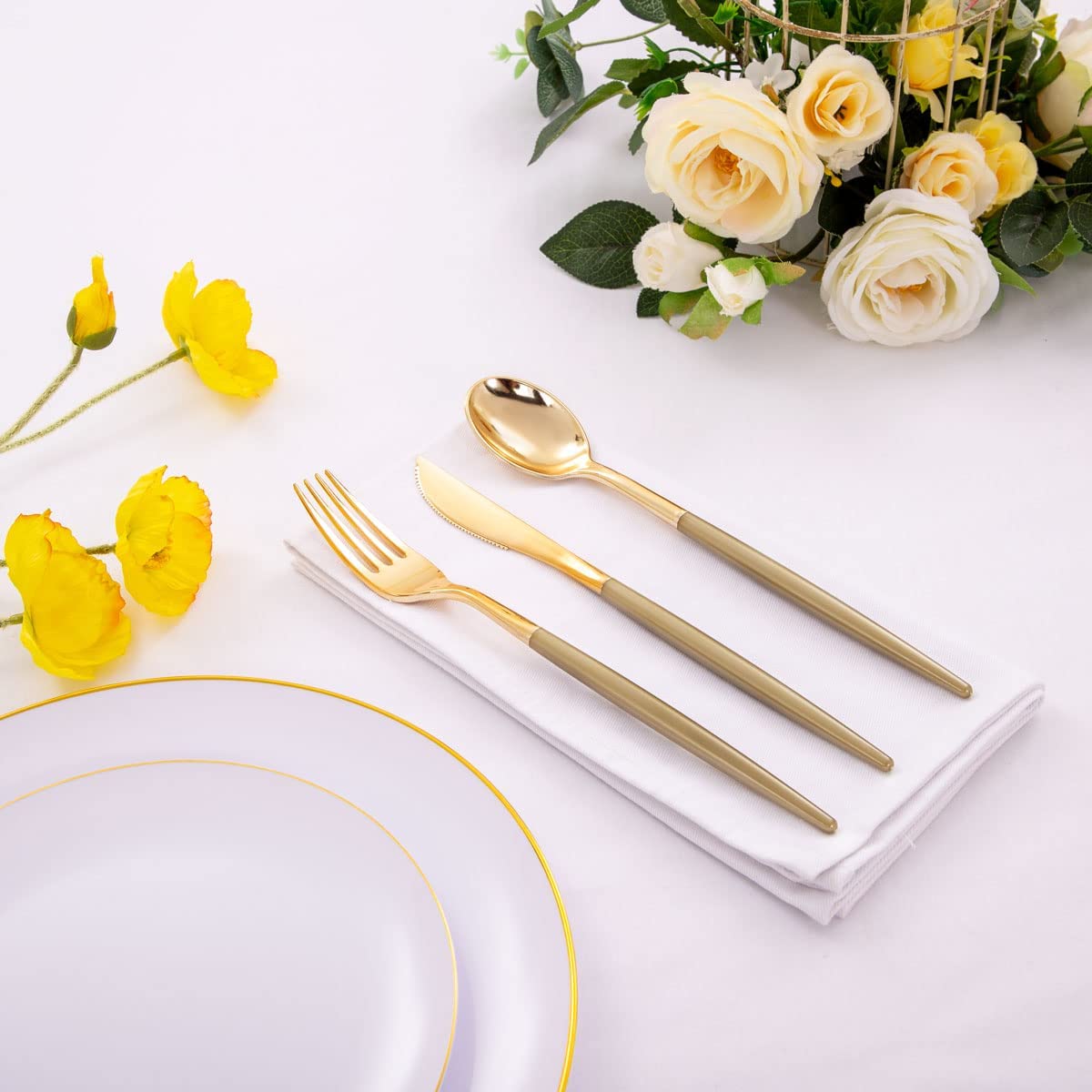 102pcs Gold Plastic Silverware,Disposable Flatware with Dark Gold Handle,Gold Cutlery,Plastic Forks and Spoons Knives,34 Forks,34Knvies,34 Spoons,Perfect for Birthday,Party,Wedding