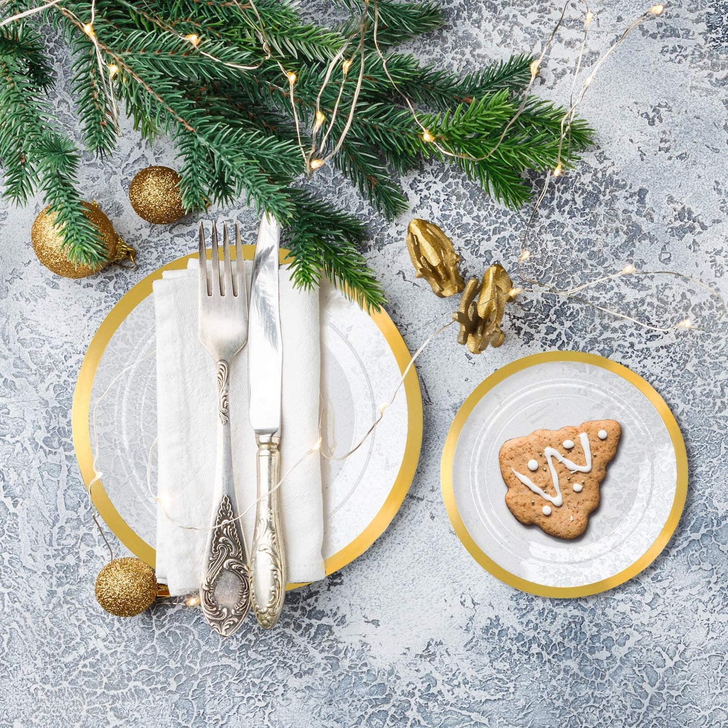 120pcs Plastic Gold plates Clear Plastic Plates with Unique Design Disposable Plates Heavy Duty Includes:60 Durable Dinner Plates 10.25" and 60 Dessert Plates 7.5"
