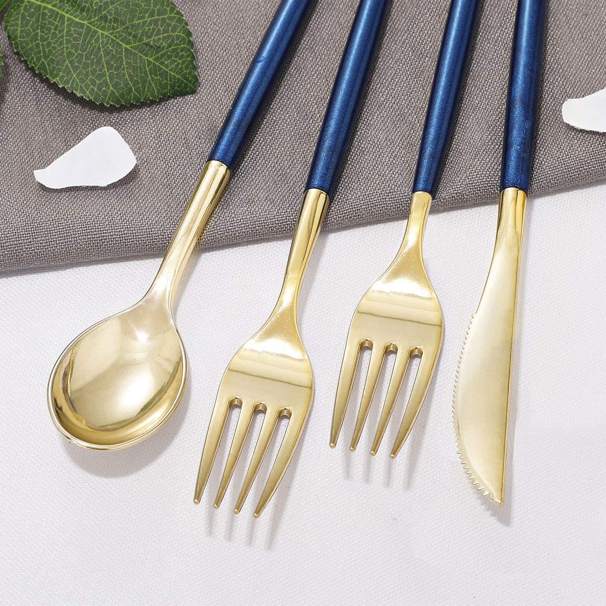 180 Pieces Gold Plastic Cutlery,Gold Flatware with Blue Glitter Handle,Disposable Gold and Blue Cutlery,Suitable for Party,Birthday,Wedding
