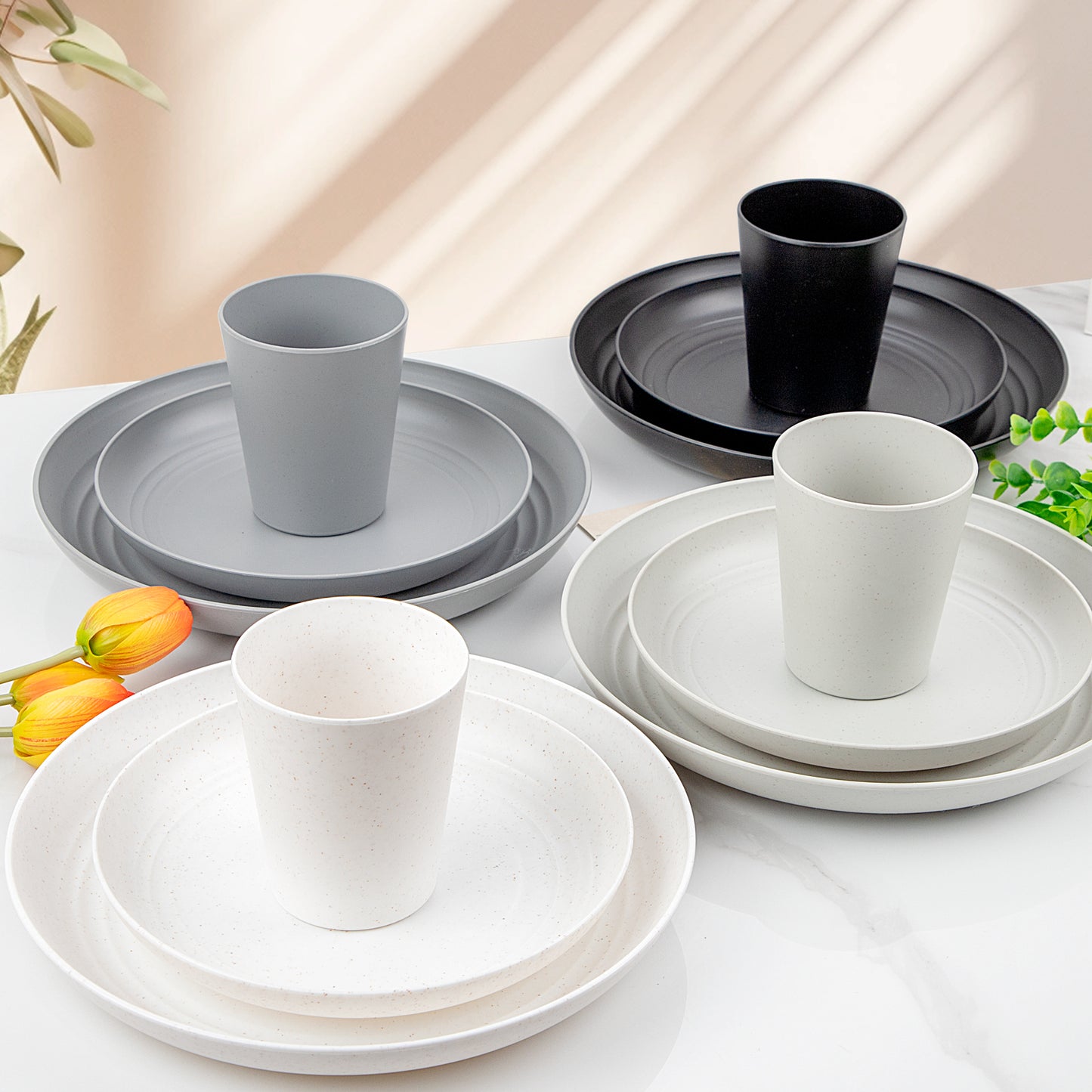 32pcs Wheat Straw Dinnerware Sets,Plates and Bowls Sets,Reusable Plastic Plates,Microwave Dishwasher Safe,Plastic Dinnerware Set,Four Color Set 16pcs Plates,8pcs Bowls,8pcs Cups