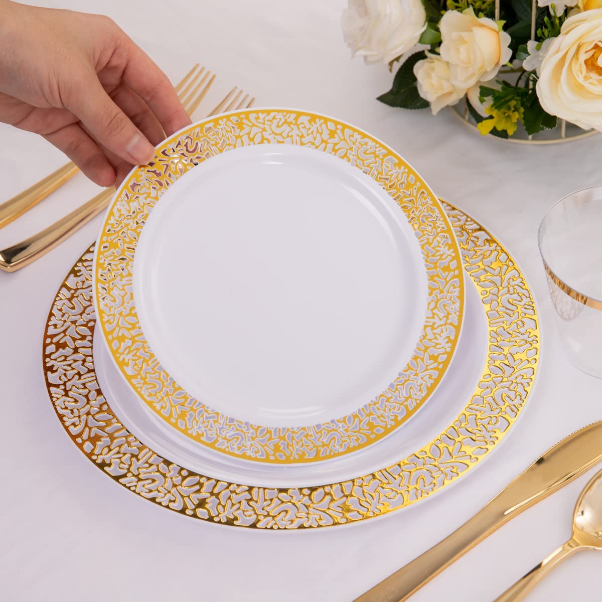 100pcs Gold Plastic Plates, 10.25" Plastic Dinner Plates, White Plastic Plates with Gold Rim,Gold Lace Plates,Gold Plastic Plates for Weddings Celebrations and Parties
