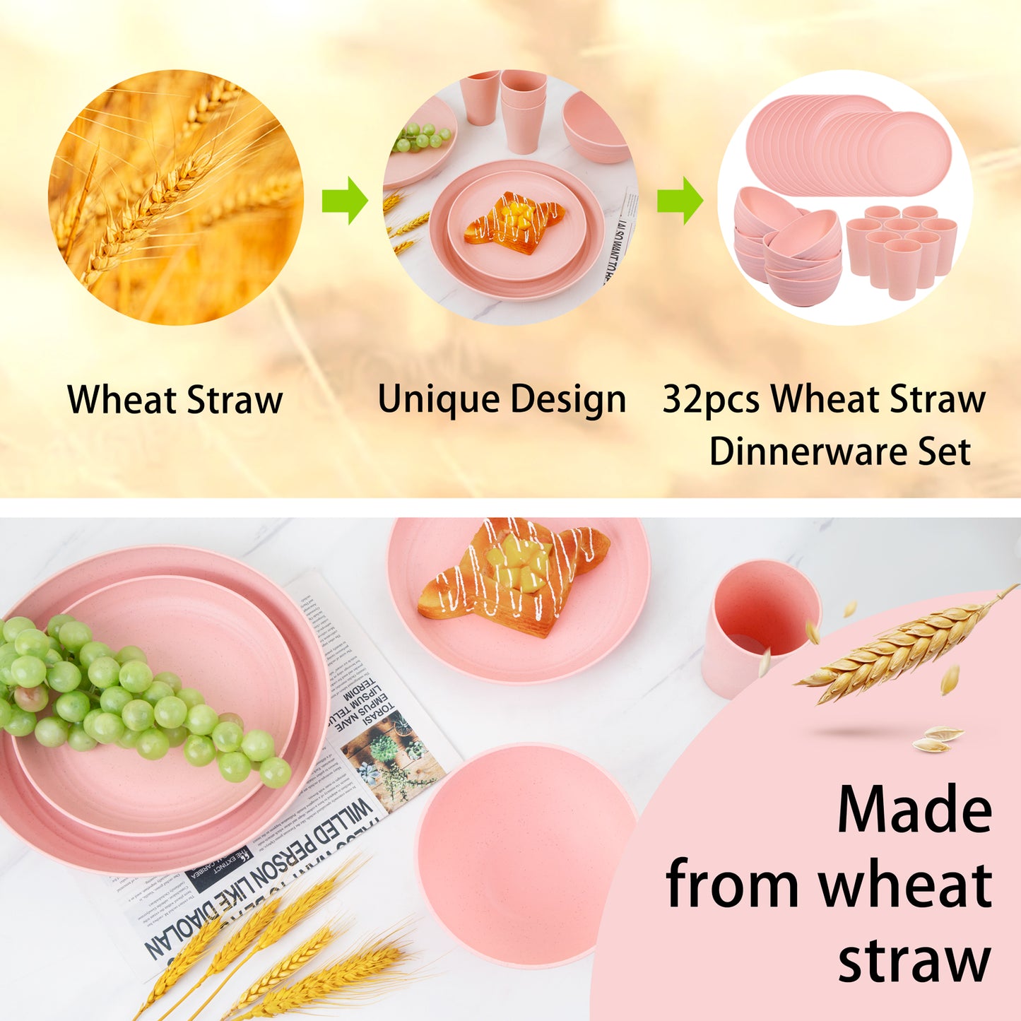 Pink Wheat Straw Dinnerware Sets, Pink Dishes for 8, Plates and Bowls Sets, Reusable Plastic Plates, Microwave Dishwasher Safe Plates, Pink Plastic Dinnerware Set, Pink Plastic Plates