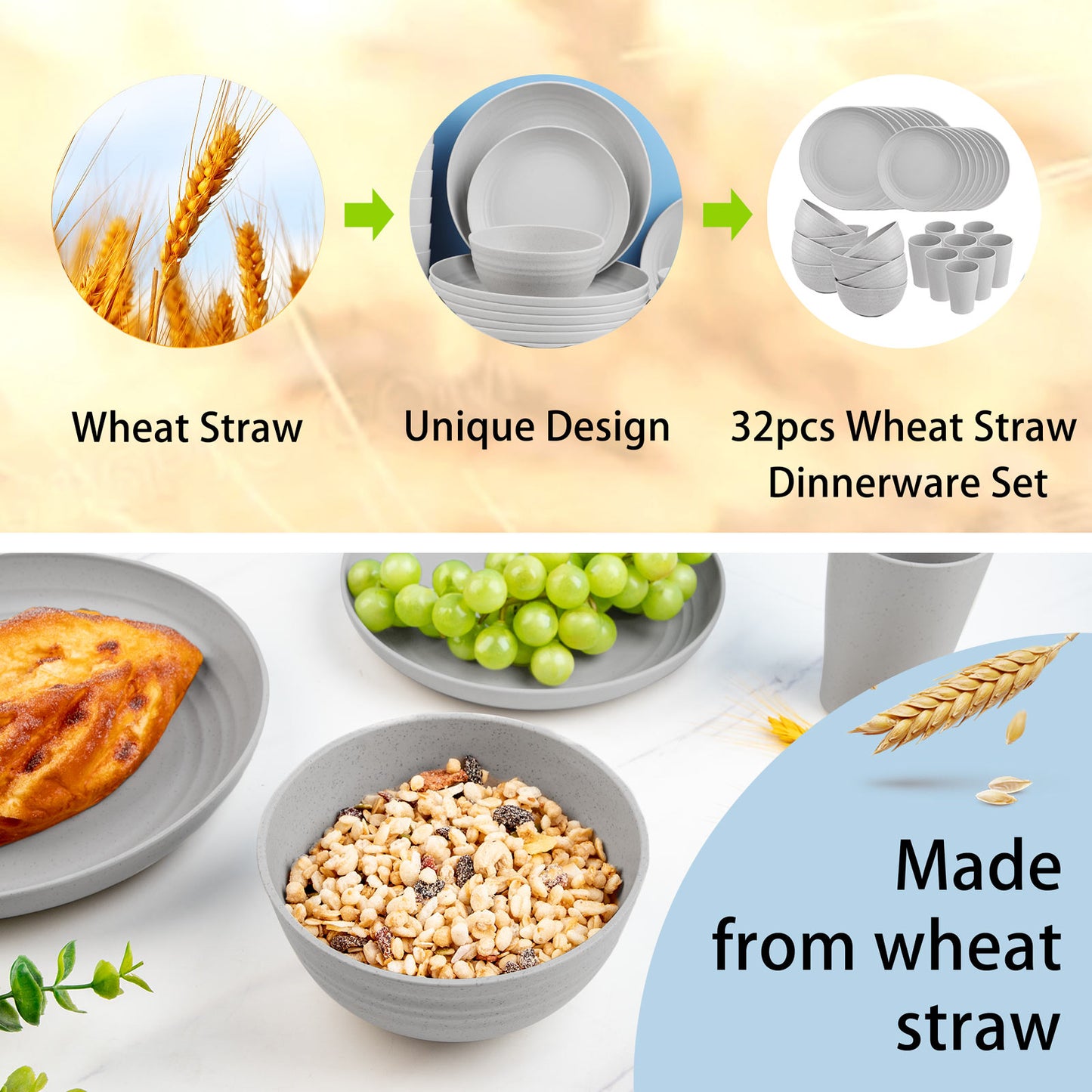 32pcs Wheat Straw Dinnerware Sets,Dinnerware Sets for 8,Plates and Bowls Sets,Reusable Tableware,Grey Dish Set 16pcs Plates, 8pcs Bowls, 8pcs Cups,Microwave Dishwasher Safe.