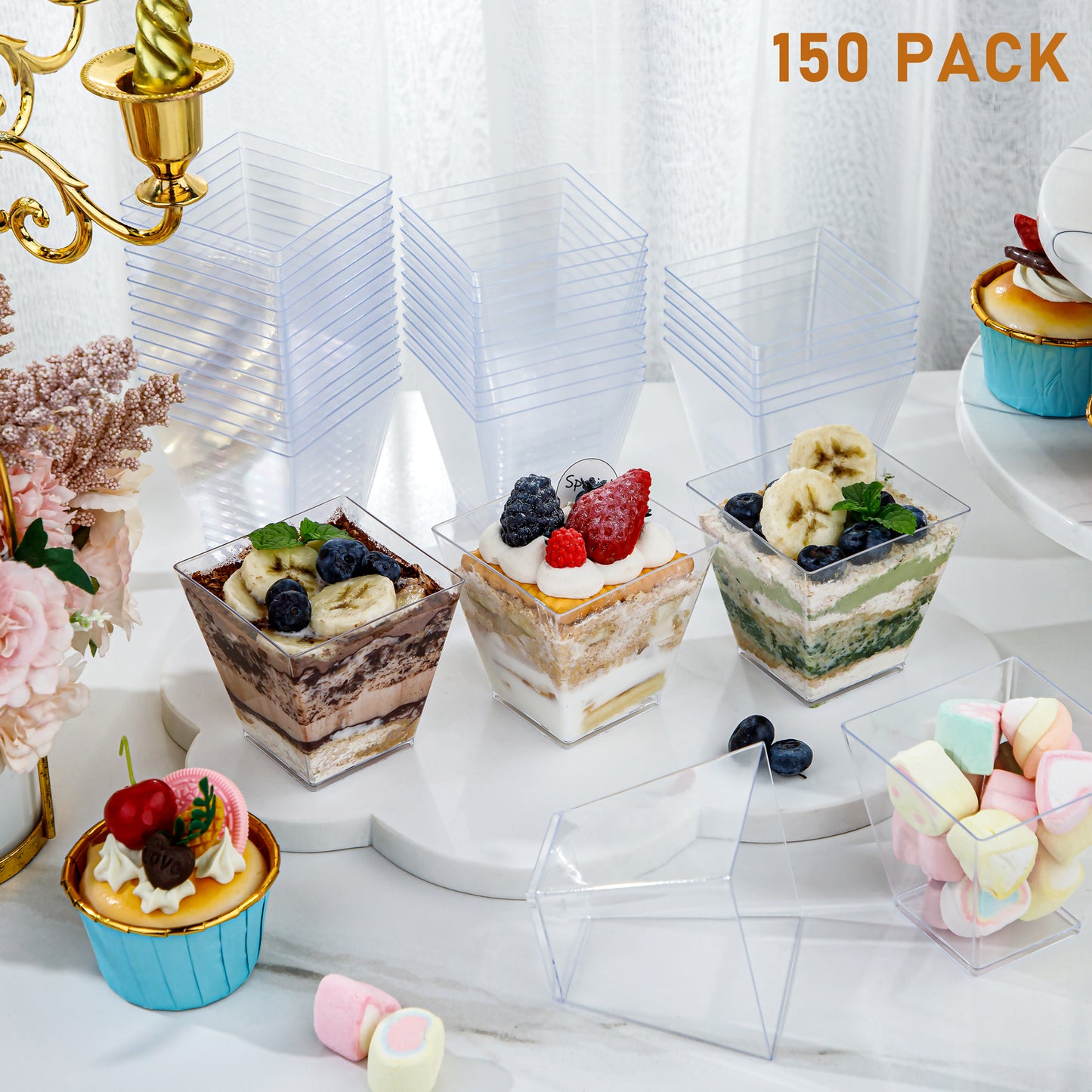 8oz Square Plastic Dessert Cups,Disposable Plastic Cups,Clear Dessert Cups 100pcs,Plastic Parfait Appetizer Cups Perfect for Birthday,Party,Wedding
