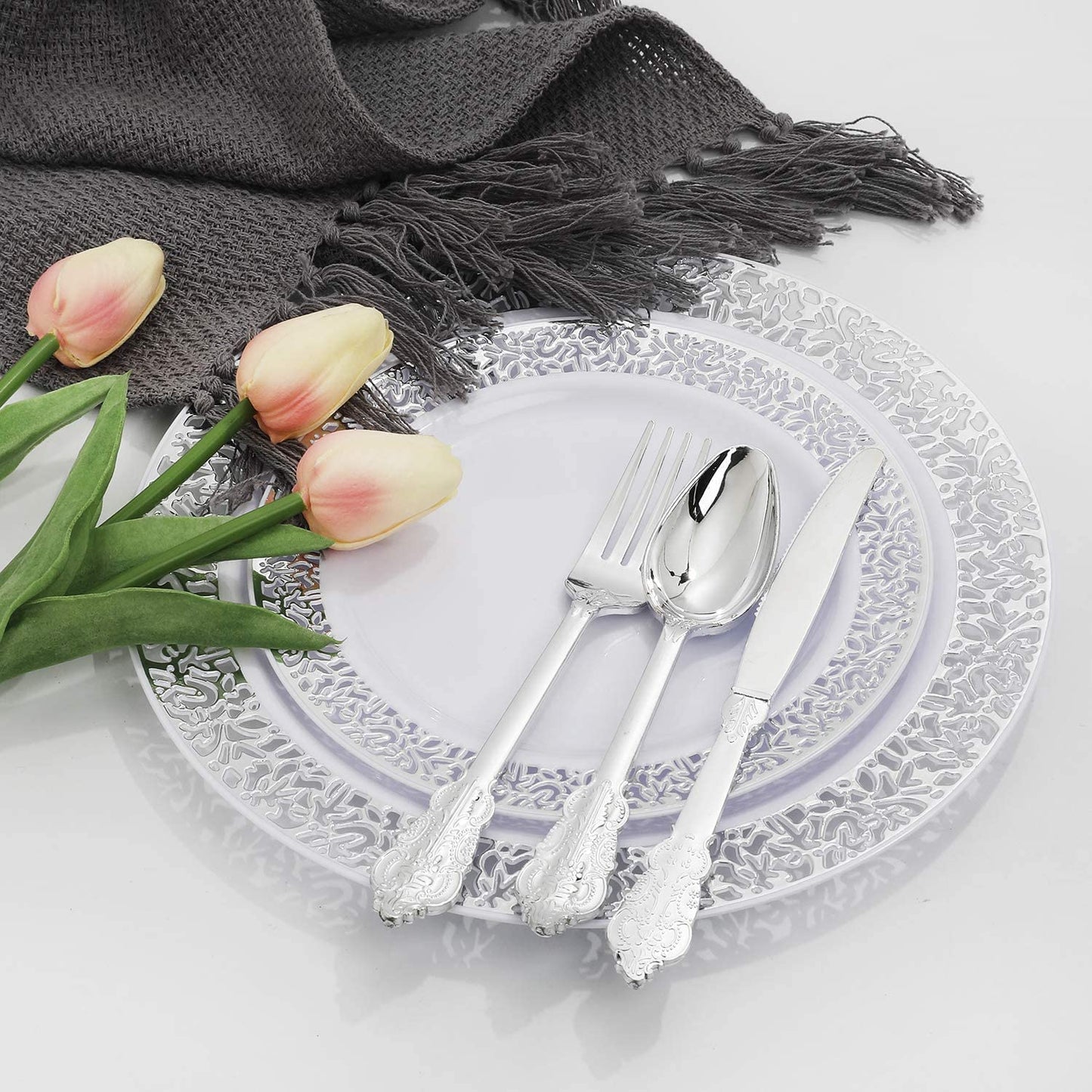 100pcs Plastic Silver Plates, 10.25" Big Party Dinner Plates, White Plastic Plates with Silver Rim,Silver Plastic Plates for Party or Wedding, Silver Lace Plates