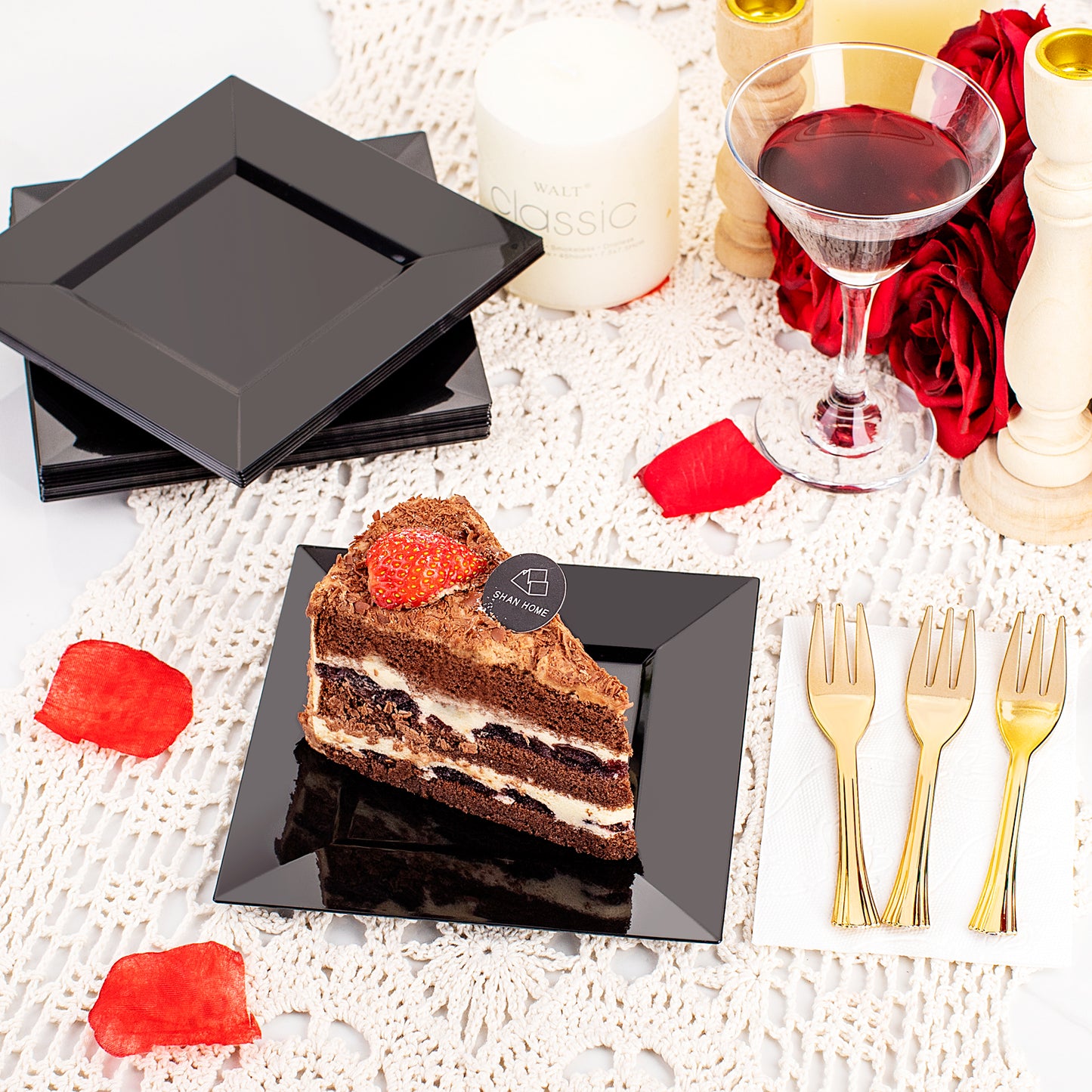 100pcs Black Square Plastic Dessert Plates with 100pcs Gold Dessert Forks,Black Appetizer Salad Square Plates,Elegant Square Black Salad Plates,Square Cake Plates for Party,Afternoon Tea