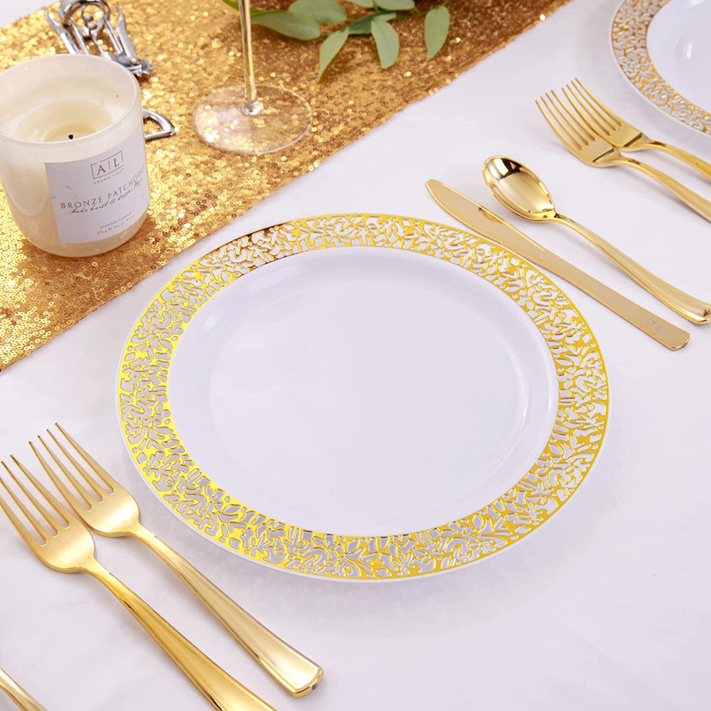 100pcs Gold Plastic Plates, 10.25" Plastic Dinner Plates, White Plastic Plates with Gold Rim,Gold Lace Plates,Gold Plastic Plates for Weddings Celebrations and Parties