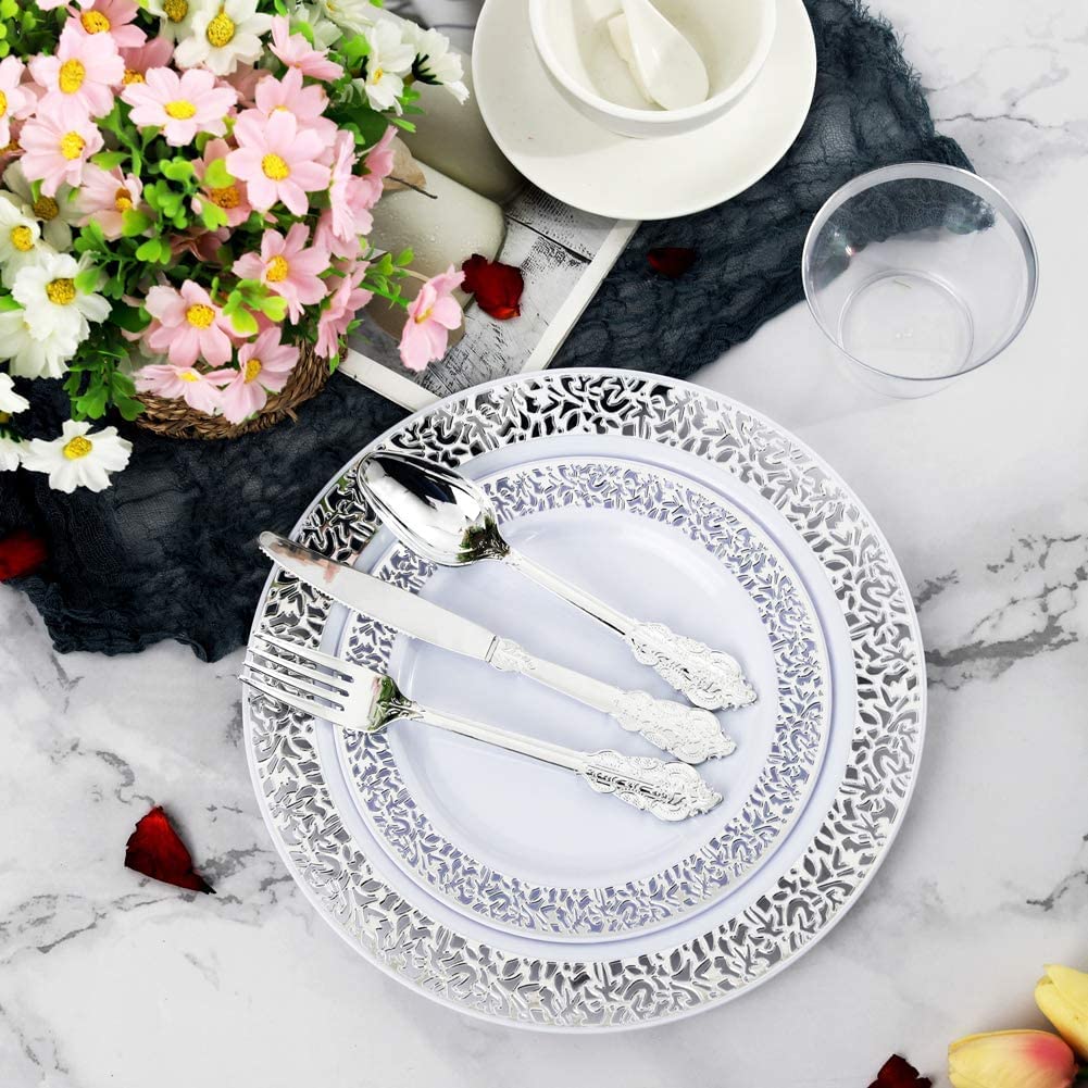 100pcs Plastic Silver Plates, 10.25" Big Party Dinner Plates, White Plastic Plates with Silver Rim,Silver Plastic Plates for Party or Wedding, Silver Lace Plates