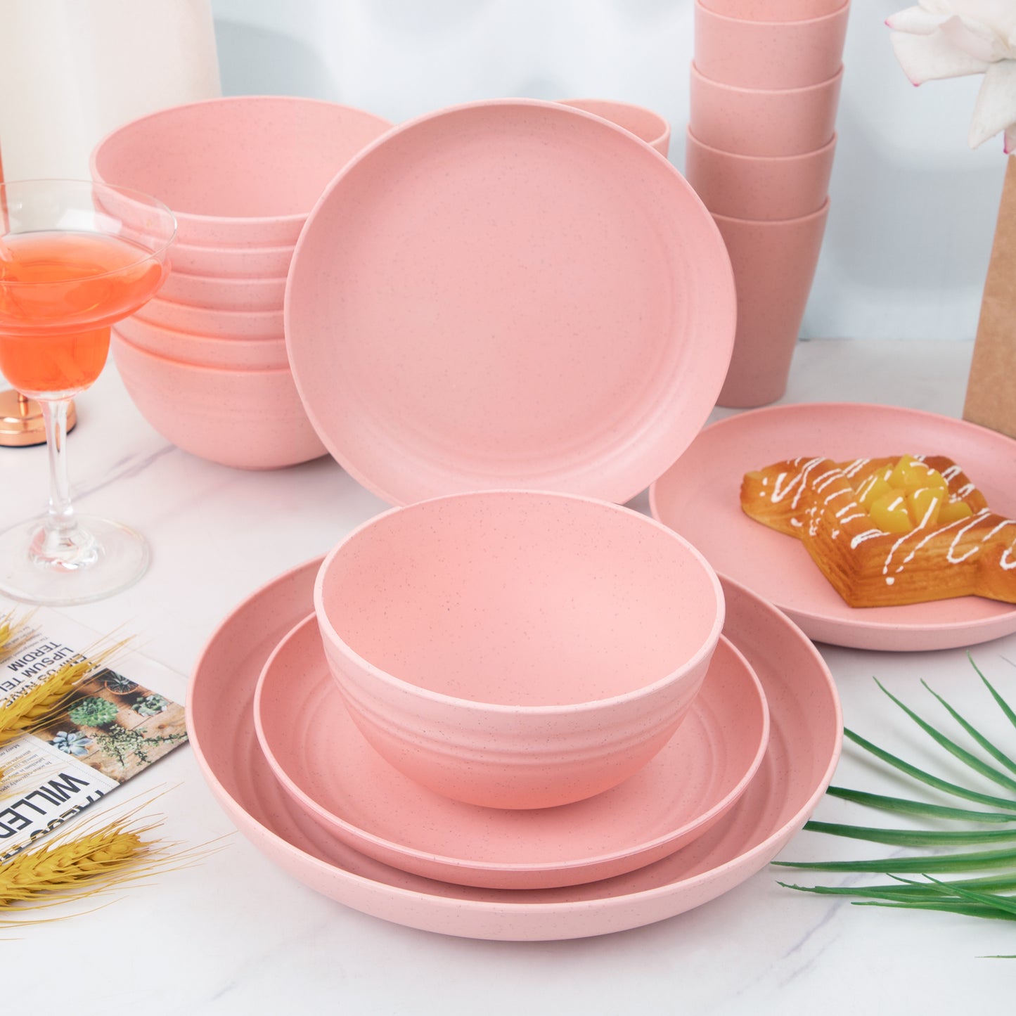 Pink Wheat Straw Dinnerware Sets, Pink Dishes for 8, Plates and Bowls Sets, Reusable Plastic Plates, Microwave Dishwasher Safe Plates, Pink Plastic Dinnerware Set, Pink Plastic Plates