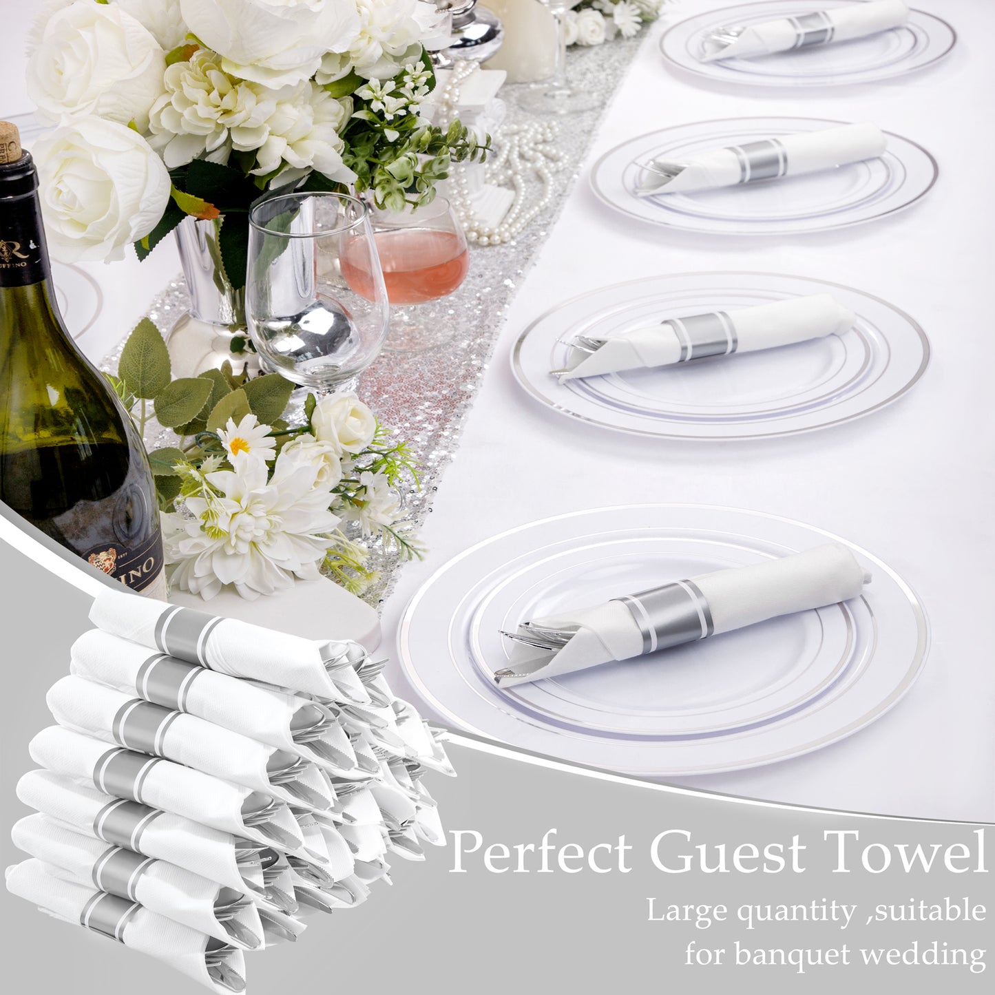 30 Pack Silver Plastic Silverware,Rolled Plastic Silverware,Pre Rolled Napkins with Plastic Cutlery Set,Wrapped Plastic Cutlery Set with Napkin,Silver Plastic Forks,Disposable Dinnerware Set