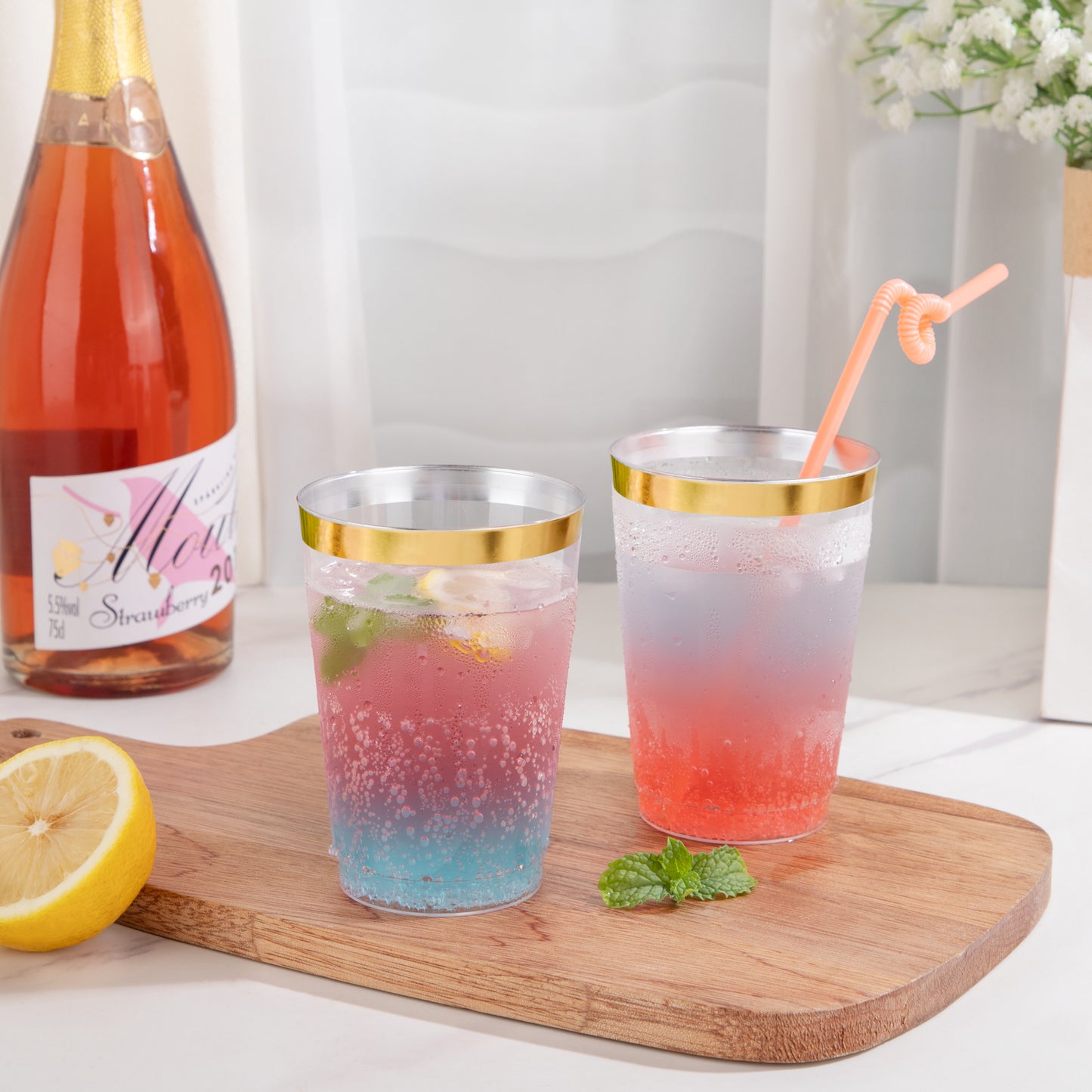 200pcs Gold Plastic Cups,12oz Party Cups,Clear Plastic Cups Tumblers,Elegant Gold Rimmed Plastic Cups,Disposable Cups for Wedding,Parties,Wine,Beer