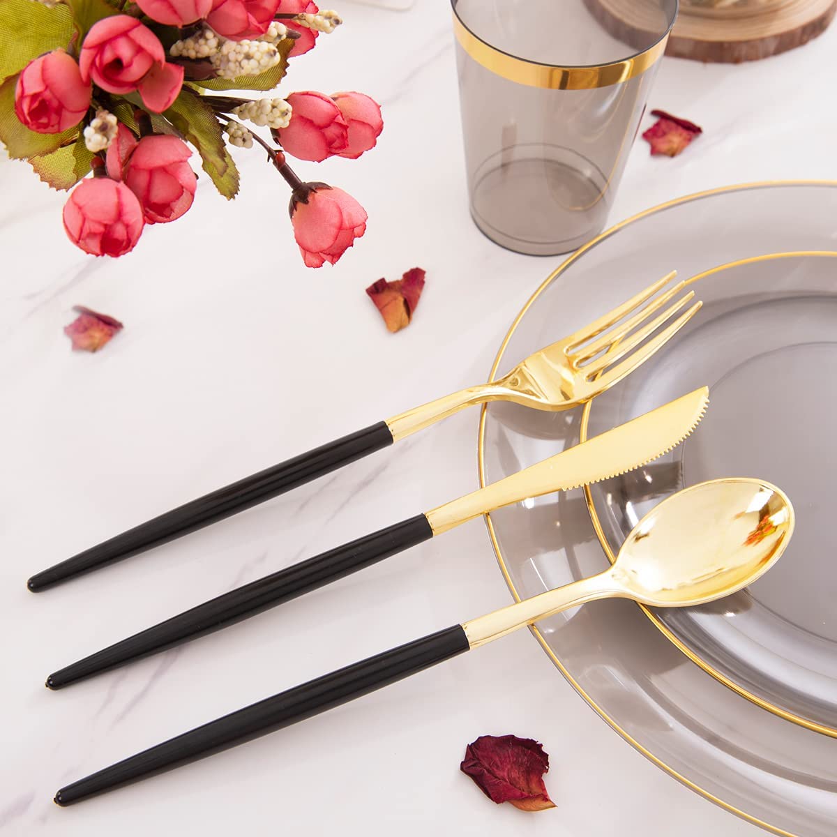 180pcs Black Plastic Dinnerware Set,Black Plastic Plates,Clear Plastic Plates with Gold Rim,Gold Plastic Silverware,Black Clear Gold Cups for Halloween