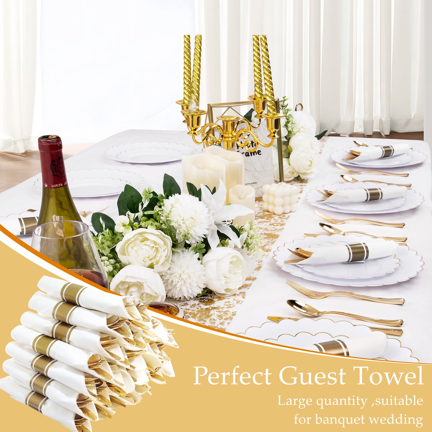 120 Pack Gold Plastic Silverware,Wrapped Plastic Cutlery Set with Napkin,Gold Silverware Disposable,Pre Rolled Napkins with Plastic Cutlery Set,Rolled Silverware Disposable,Wrapped Silverware