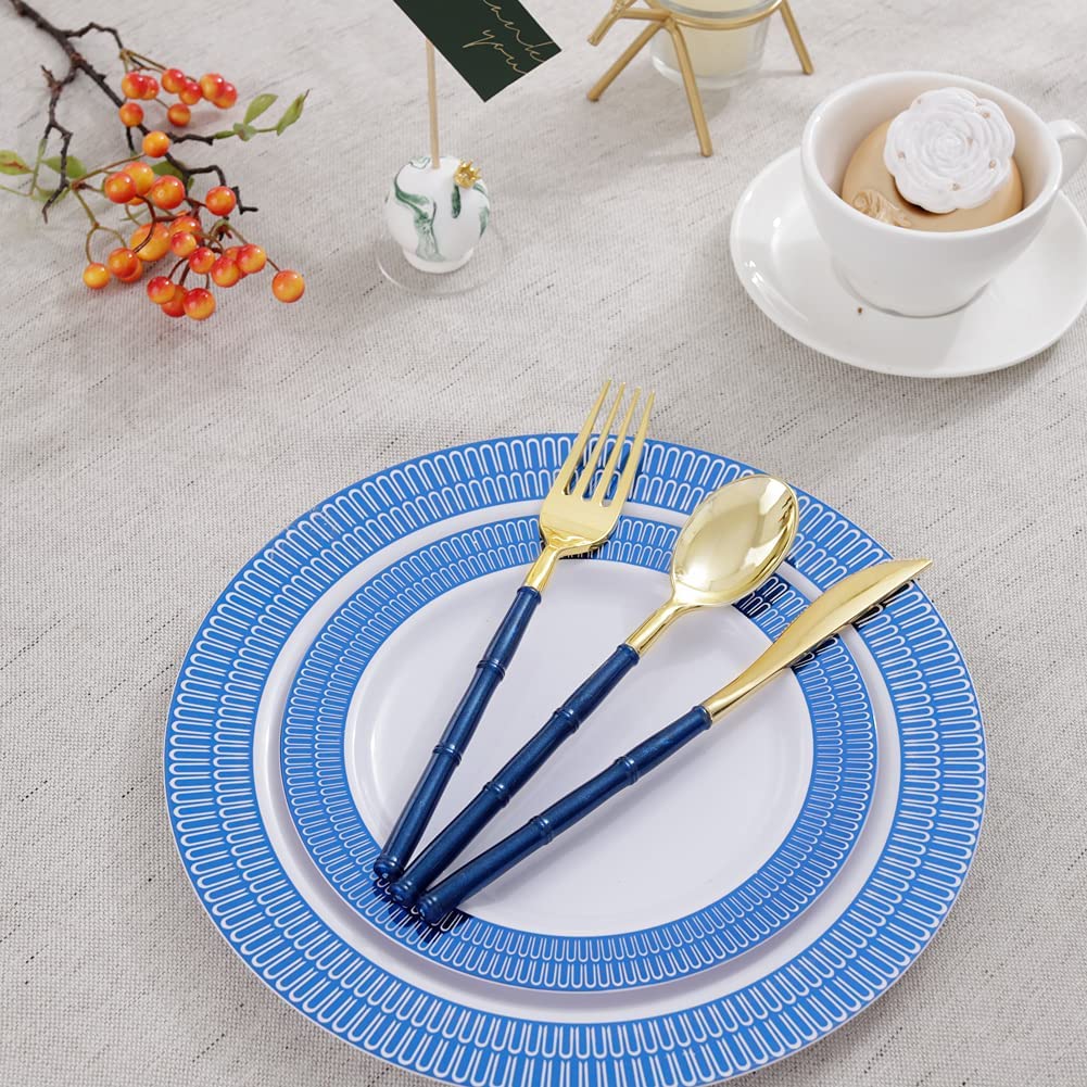 180 Pieces Gold Plastic Silverware,Gold Plastic Cutlery with Blue Glitter Bamboo Handle,Elegant Plastic durable Cutlery,60 Gold Knives,60 Gold Forks,60 Gold Spoons