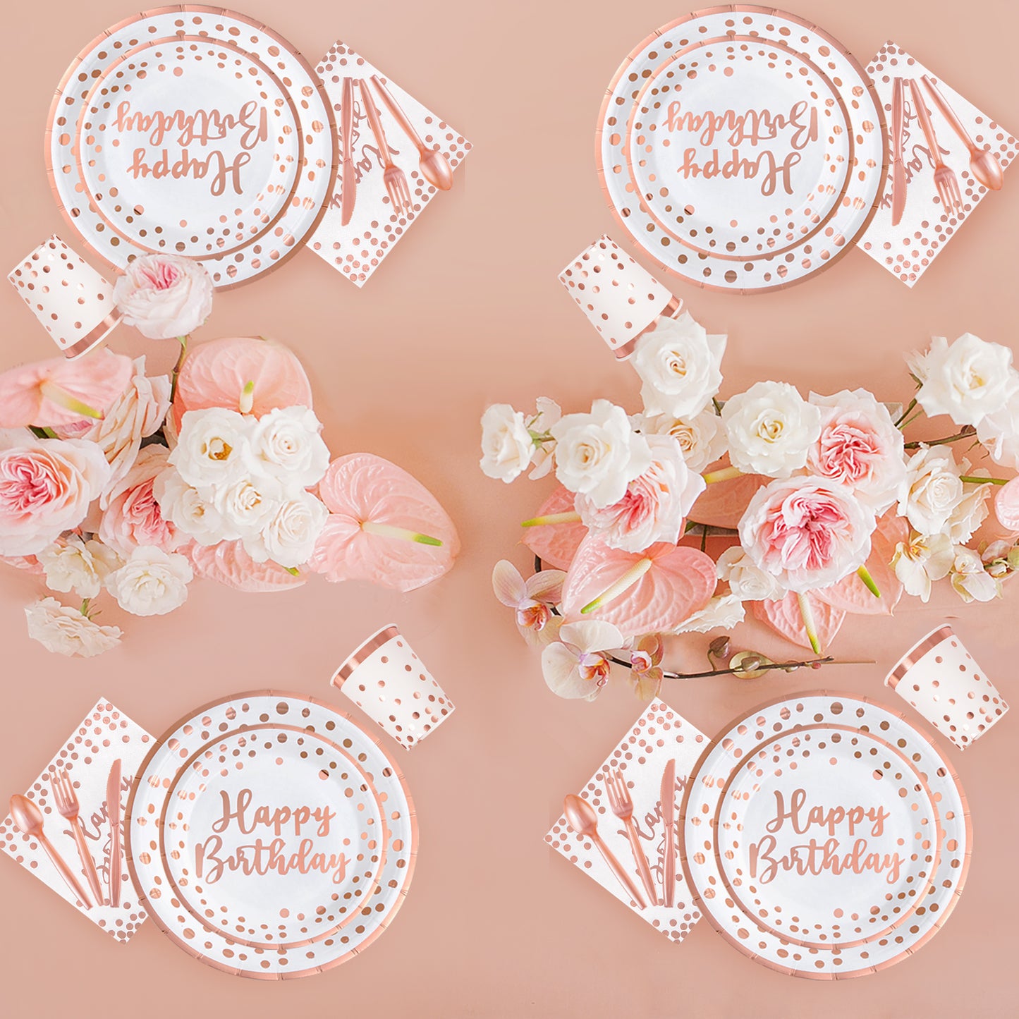 350pcs Rose Gold Plates and Napkins Party Supplies,Birthday Plates,Happy Birthday Paper Plates,Rose Gold Birthday Plates and Napkins,Cups,Forks,Knives,Spoon for Women Birthday Decorations