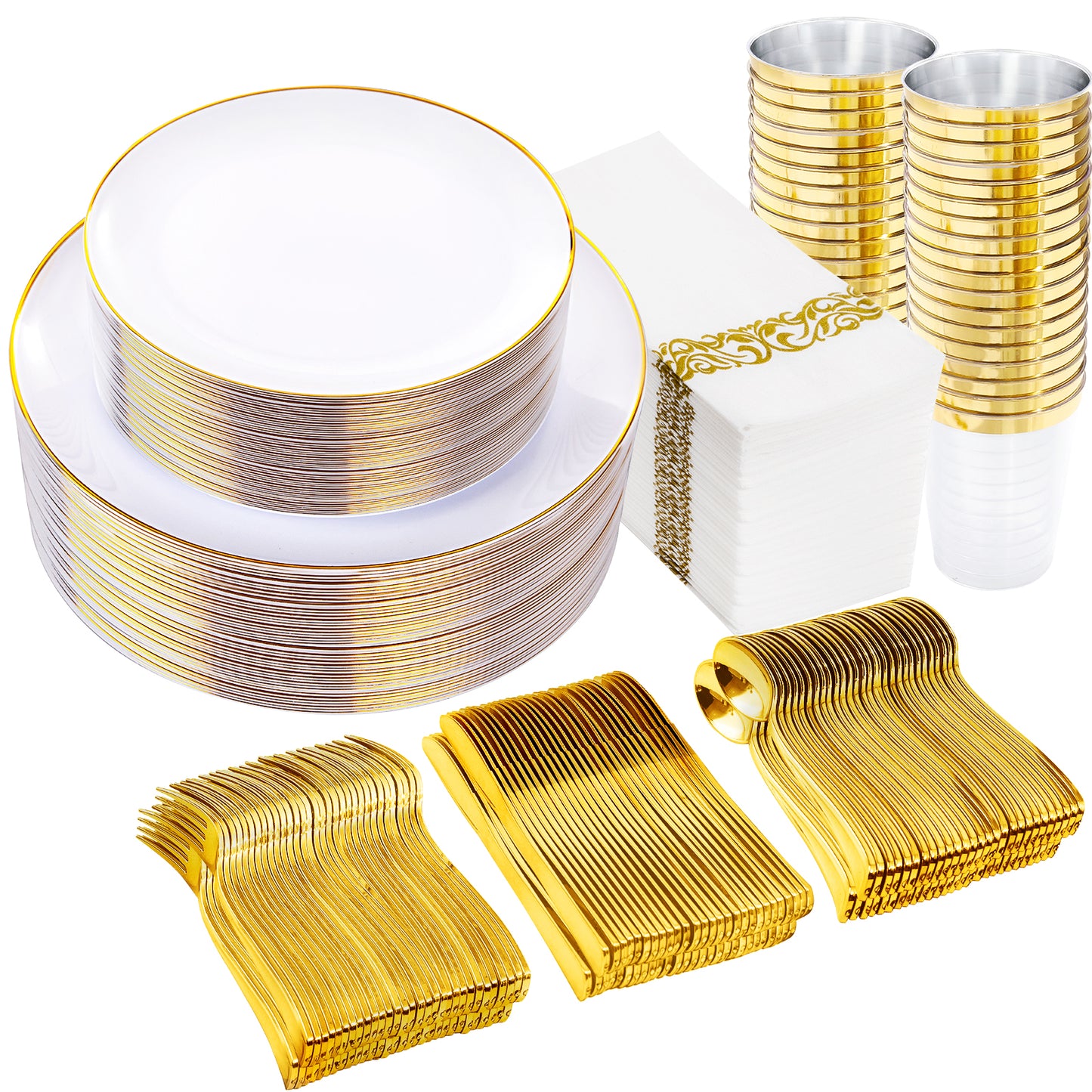 350PCS Gold Plastic Plates,White and Gold Plastic Dinnerware Set,White Plastic Plates with Gold Rim,include 100 Plastic Plates, 150 Gold Plastic Silverware, 50 Cups, 50 Napkins for Wedding
