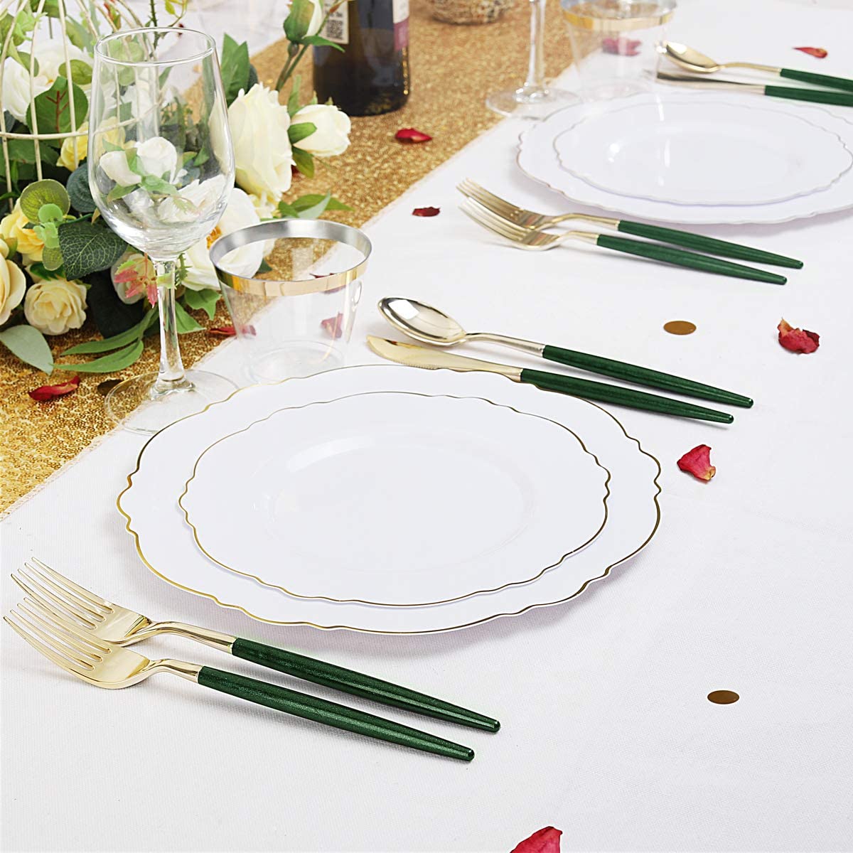 180pcs Gold Plastic Silverware,Green Plastic Cutlery,Gold Cutlery Plastic with Green Glitter Handle,Include 45 Knives,45 Dinner Forks,45 Dessert Forks,45 Spoons,Suit for Party,Birthday