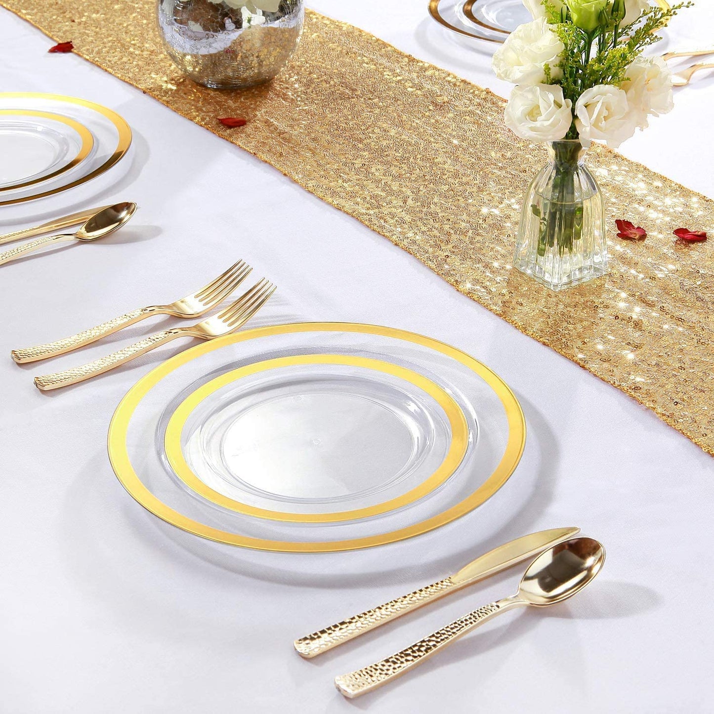 120pcs Plastic Gold plates Clear Plastic Plates with Unique Design Disposable Plates Heavy Duty Includes:60 Durable Dinner Plates 10.25" and 60 Dessert Plates 7.5"