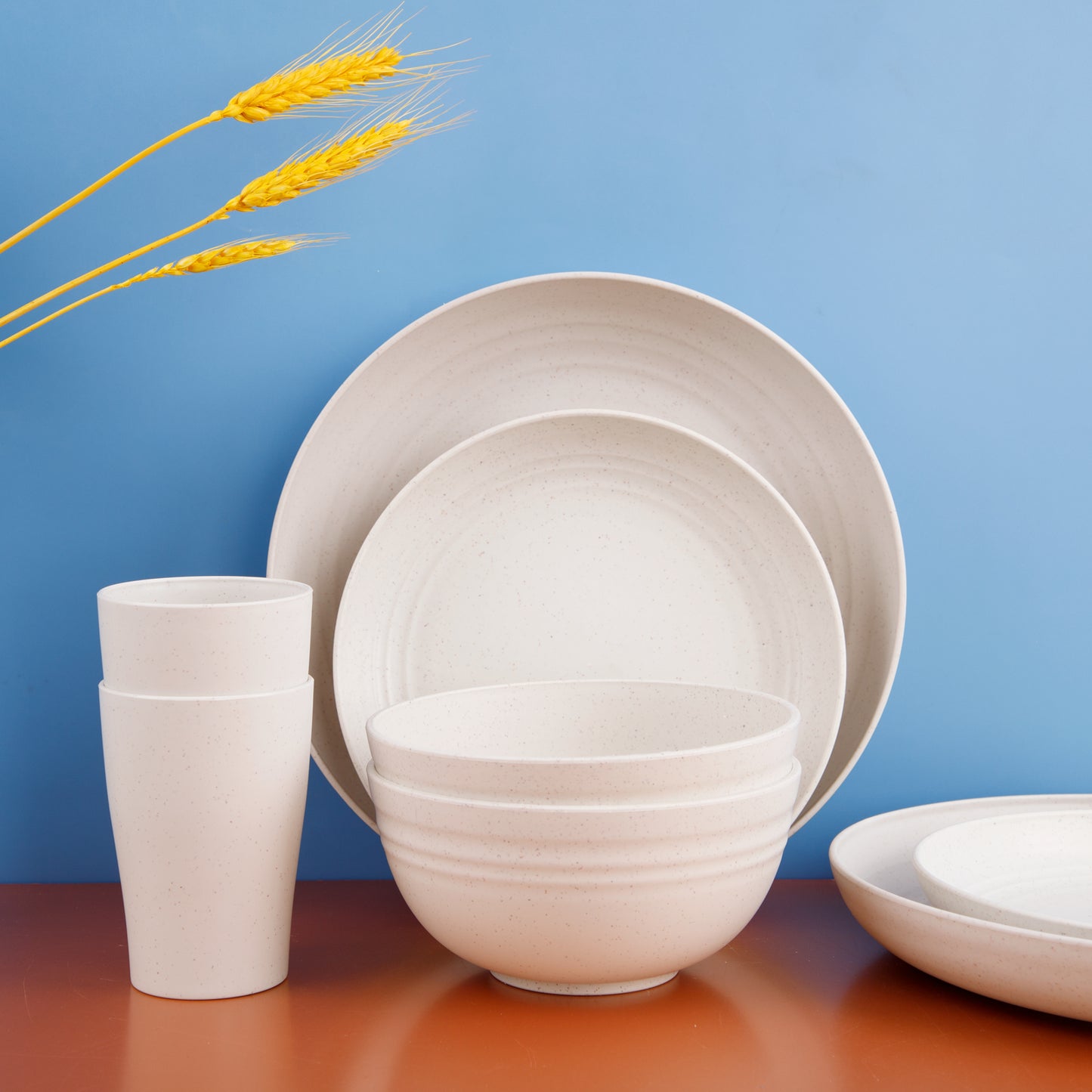 Wheat Straw Dinnerware Sets for 8,Microwave Dishwasher Safe,Unbreakable Dinnerware,Reusable Tableware Set,Beige Set 16pcs Plates, 8pcs Bowls, 8pcs Cups.