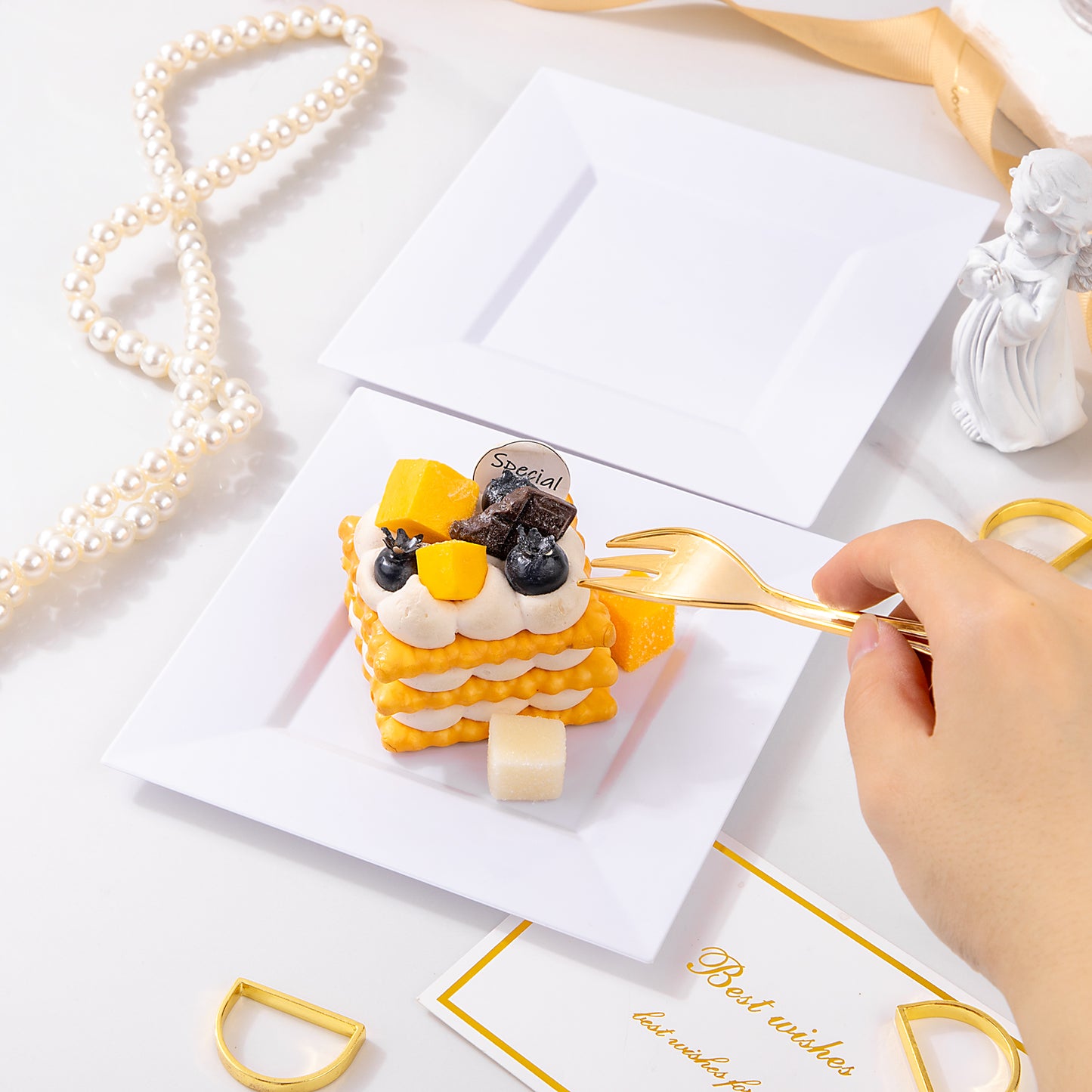 200Pcs White Dessert Plates 6" with Gold Plastic Forks 5.7",White Plastic Square Plates for 100 Guests,Fancy Gold Plates, Including 100 6" Plastic Plates and 100 5.7" Plastic Forks