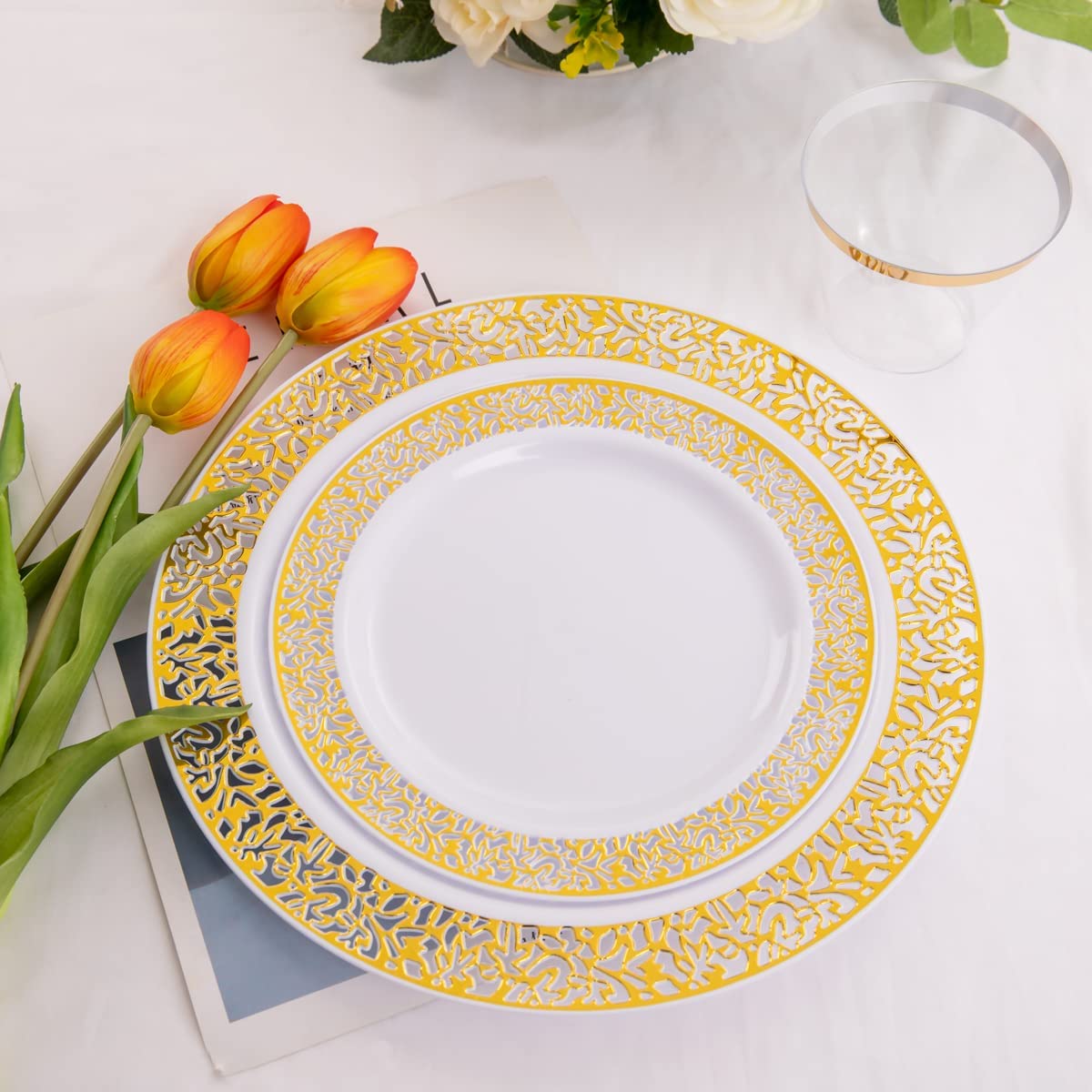 100pcs Gold Plastic Plates, 10.25" Plastic Dinner Plates, White Plastic Plates with Gold Rim,Gold Lace Plates,Gold Plastic Plates for Weddings Celebrations and Parties
