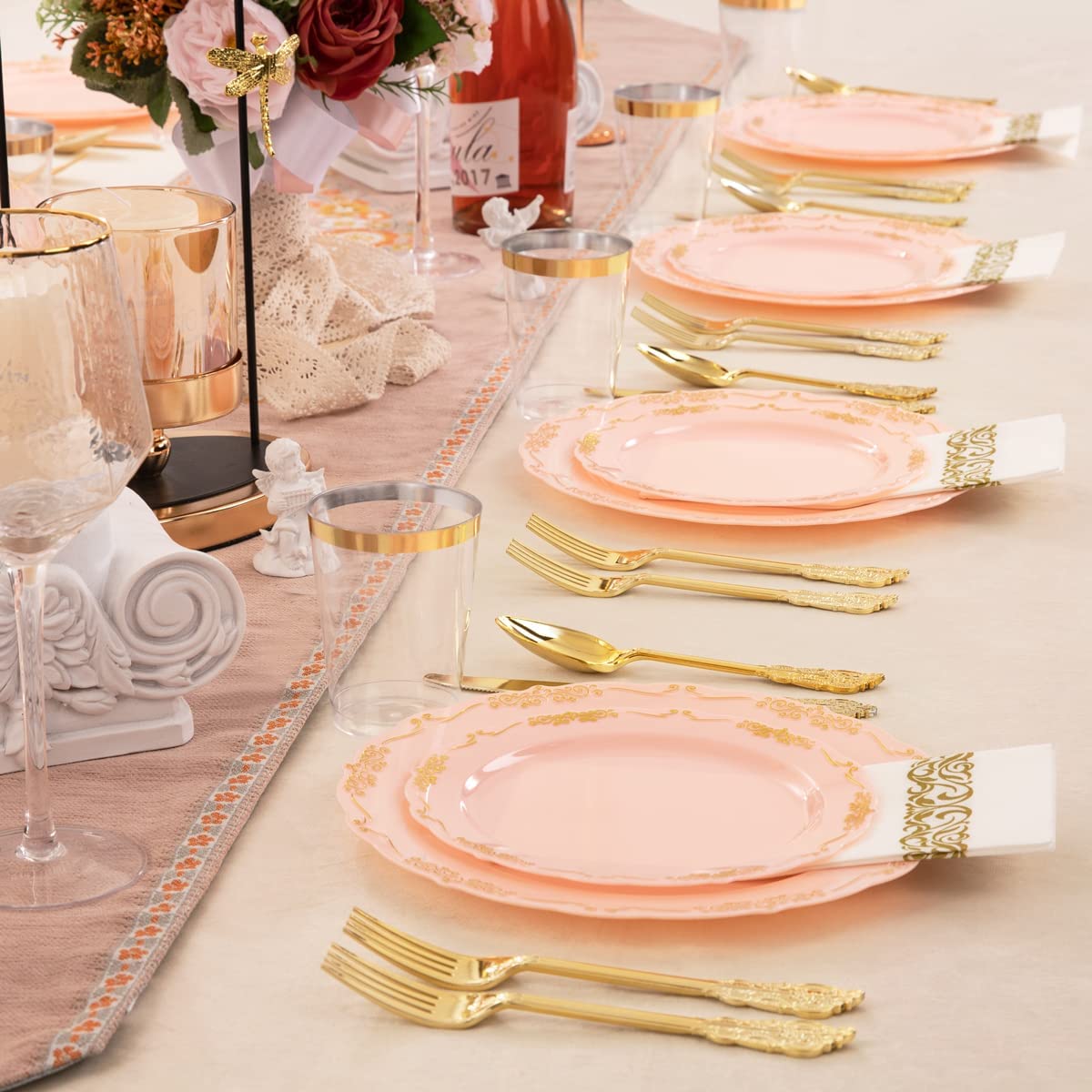 210 Pink Gold Plastic Plates & Gold Plastic Silverware,Gold Plastic Cups,Dessert/Salad Plate with Gold Rim,Gold Cutlery,Gold Napkins,Suit for Mothers Day, Bridal Shower, Wedding,Party