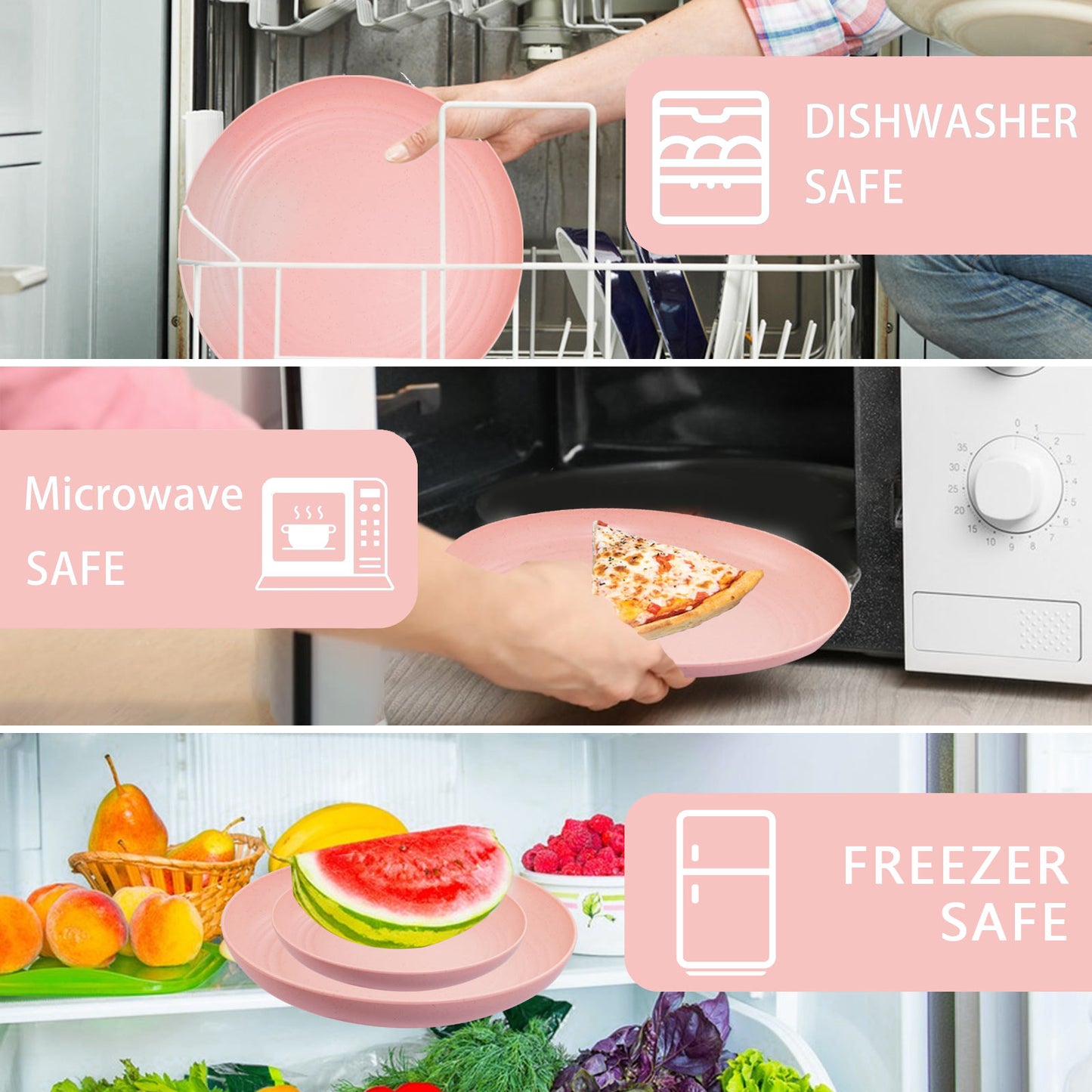 Pink Wheat Straw Dinnerware Sets, Pink Dishes for 8, Plates and Bowls Sets, Reusable Plastic Plates, Microwave Dishwasher Safe Plates, Pink Plastic Dinnerware Set, Pink Plastic Plates