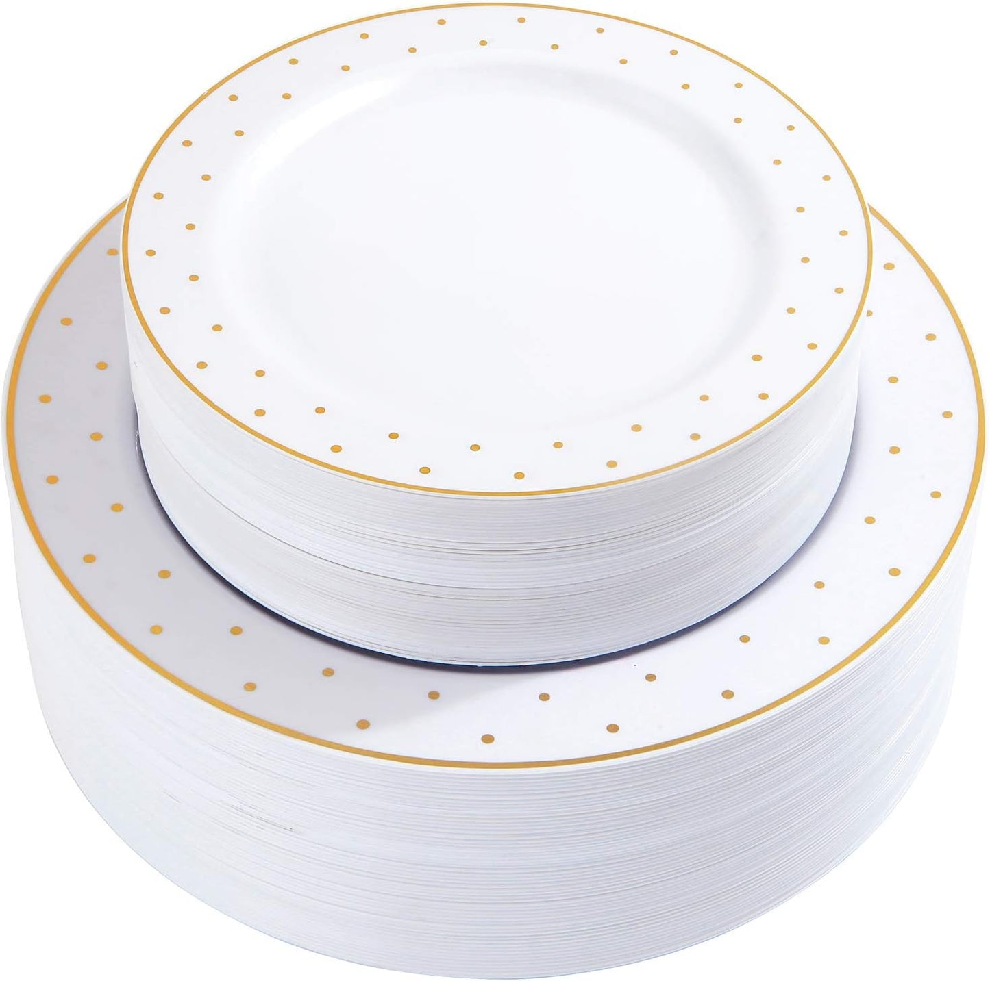 102pcs Gold Plastic Plates, Gold Rim Plates with Gold Point Design, Party Plastic Plates, Gold Dinnerware Suit for Wedding Includes: 51 Dinner Plates 10.25" and 51 Dessert Plates 7.25"