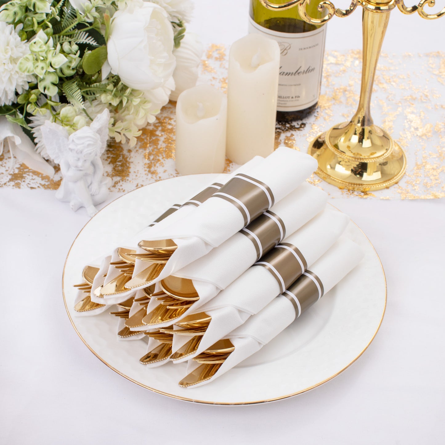 120 Pack Gold Plastic Silverware,Wrapped Plastic Cutlery Set with Napkin,Gold Silverware Disposable,Pre Rolled Napkins with Plastic Cutlery Set,Rolled Silverware Disposable,Wrapped Silverware