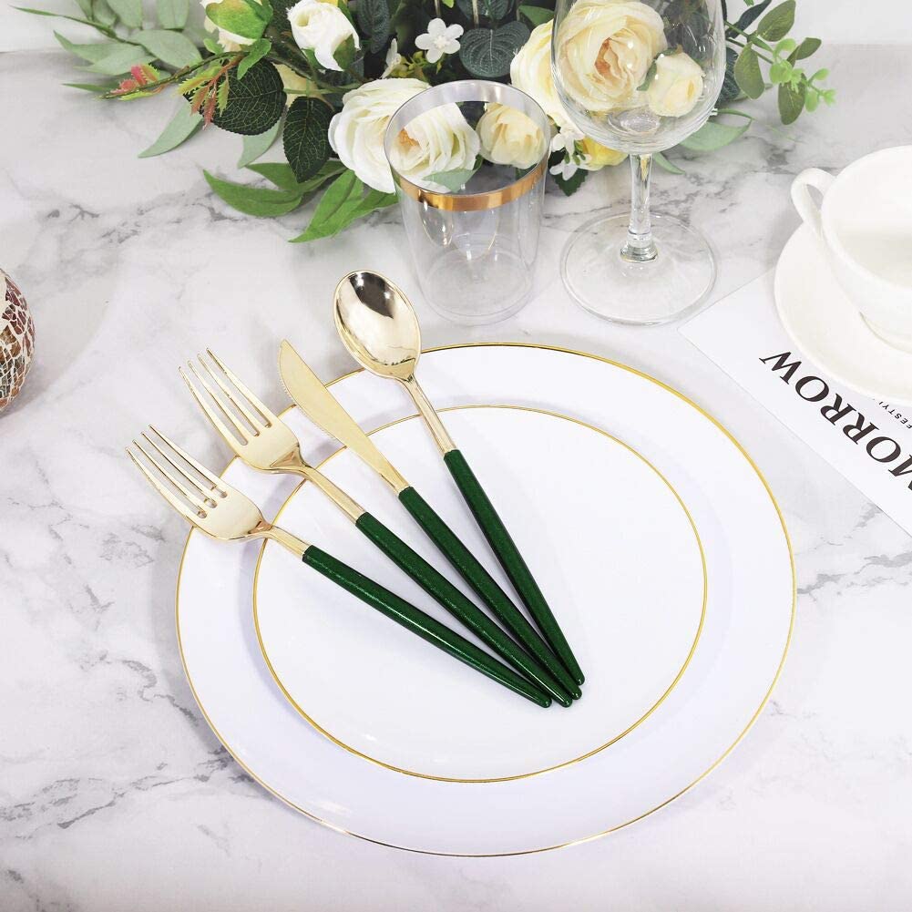 180pcs Gold Plastic Silverware,Green Plastic Cutlery,Gold Cutlery Plastic with Green Glitter Handle,Include 45 Knives,45 Dinner Forks,45 Dessert Forks,45 Spoons,Suit for Party,Birthday