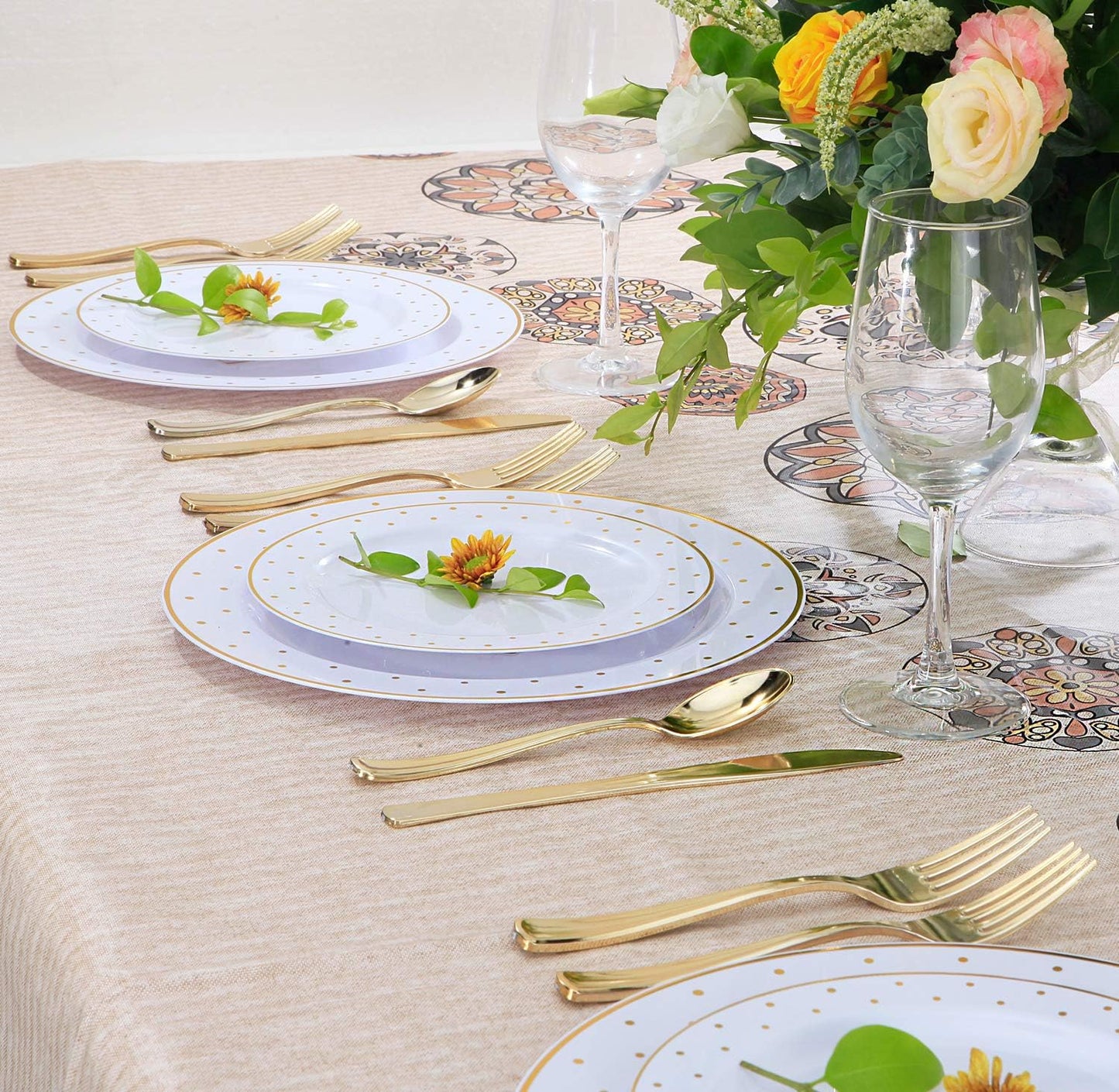 102pcs Gold Plastic Plates, Gold Rim Plates with Gold Point Design, Party Plastic Plates, Gold Dinnerware Suit for Wedding Includes: 51 Dinner Plates 10.25" and 51 Dessert Plates 7.25"