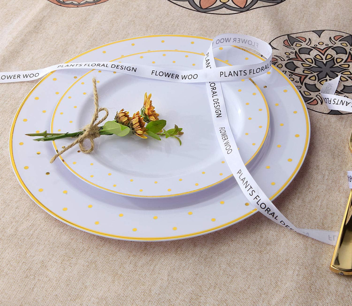 102pcs Gold Plastic Plates, Gold Rim Plates with Gold Point Design, Party Plastic Plates, Gold Dinnerware Suit for Wedding Includes: 51 Dinner Plates 10.25" and 51 Dessert Plates 7.25"