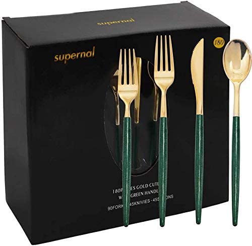 180pcs Gold Plastic Silverware,Green Plastic Cutlery,Gold Cutlery Plastic with Green Glitter Handle,Include 45 Knives,45 Dinner Forks,45 Dessert Forks,45 Spoons,Suit for Party,Birthday