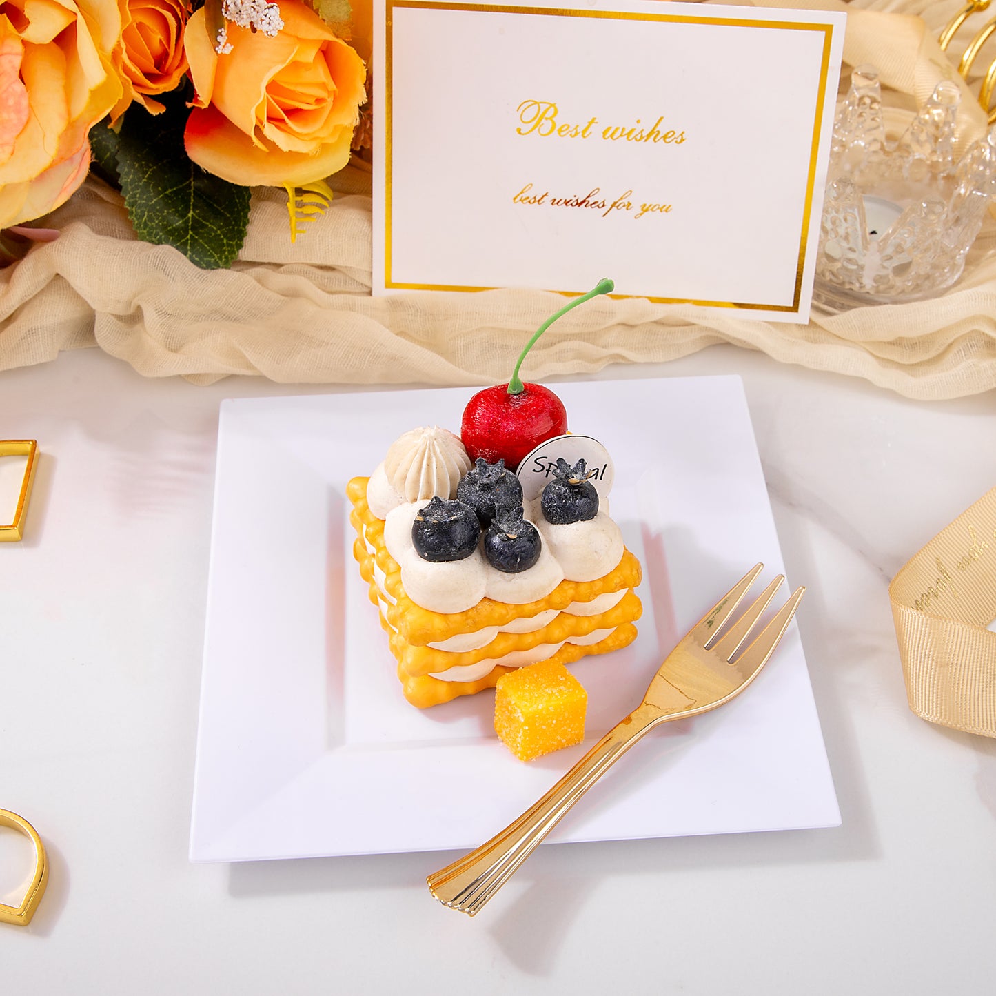 200Pcs White Dessert Plates 6" with Gold Plastic Forks 5.7",White Plastic Square Plates for 100 Guests,Fancy Gold Plates, Including 100 6" Plastic Plates and 100 5.7" Plastic Forks